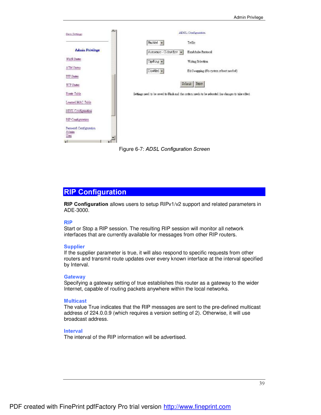 Planet Technology ADE-3000 user manual RIP Configuration, Supplier, Gateway, Multicast, Interval 