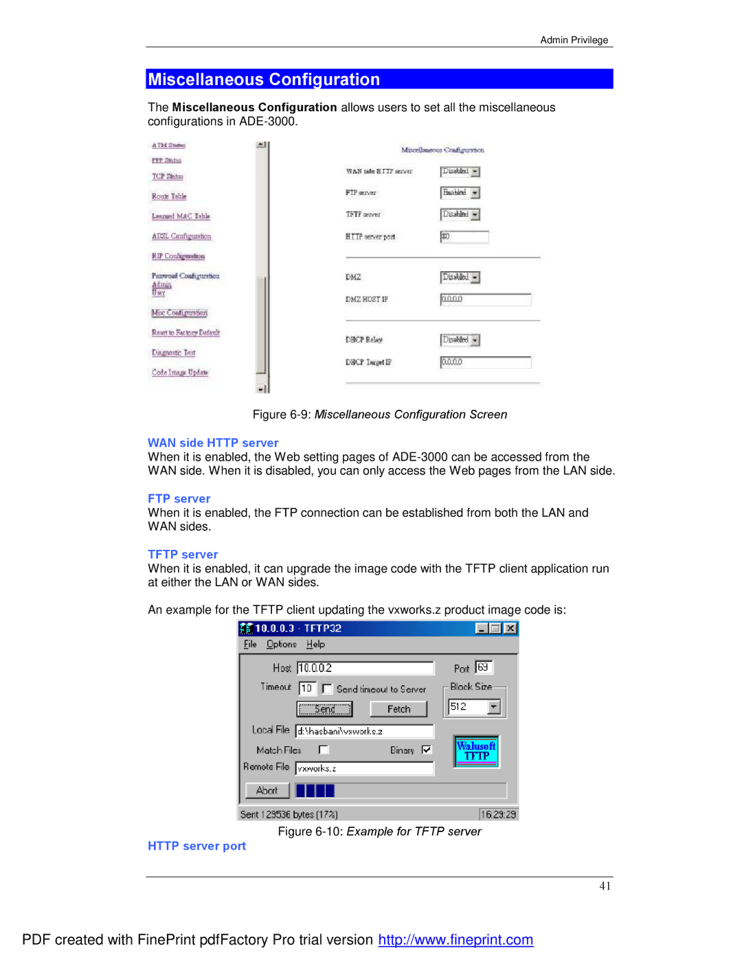 Planet Technology ADE-3000 Miscellaneous Configuration, WAN side Http server, FTP server, Tftp server, Http server port 