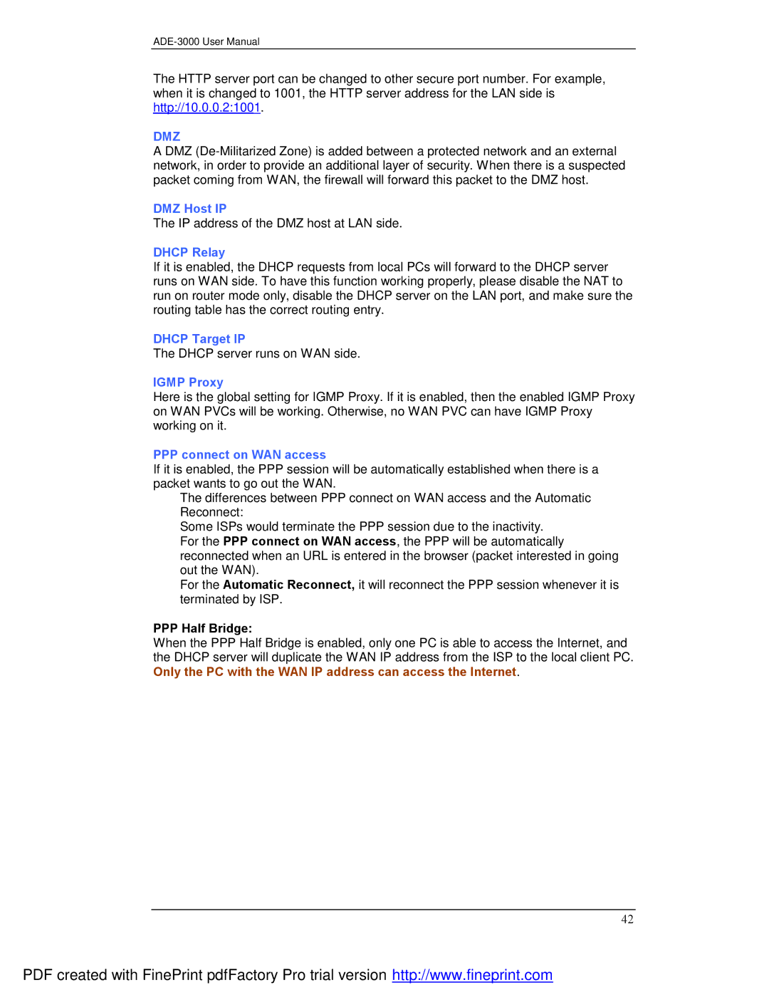 Planet Technology ADE-3000 user manual DMZ Host IP, Dhcp Relay, Dhcp Target IP, Igmp Proxy, PPP connect on WAN access 