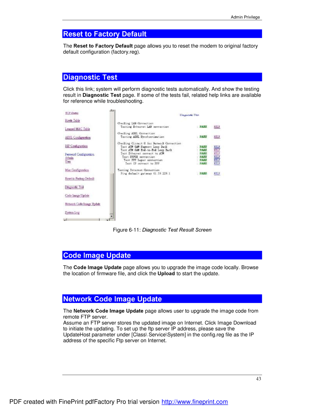 Planet Technology ADE-3000 user manual Reset to Factory Default, Diagnostic Test, Network Code Image Update 