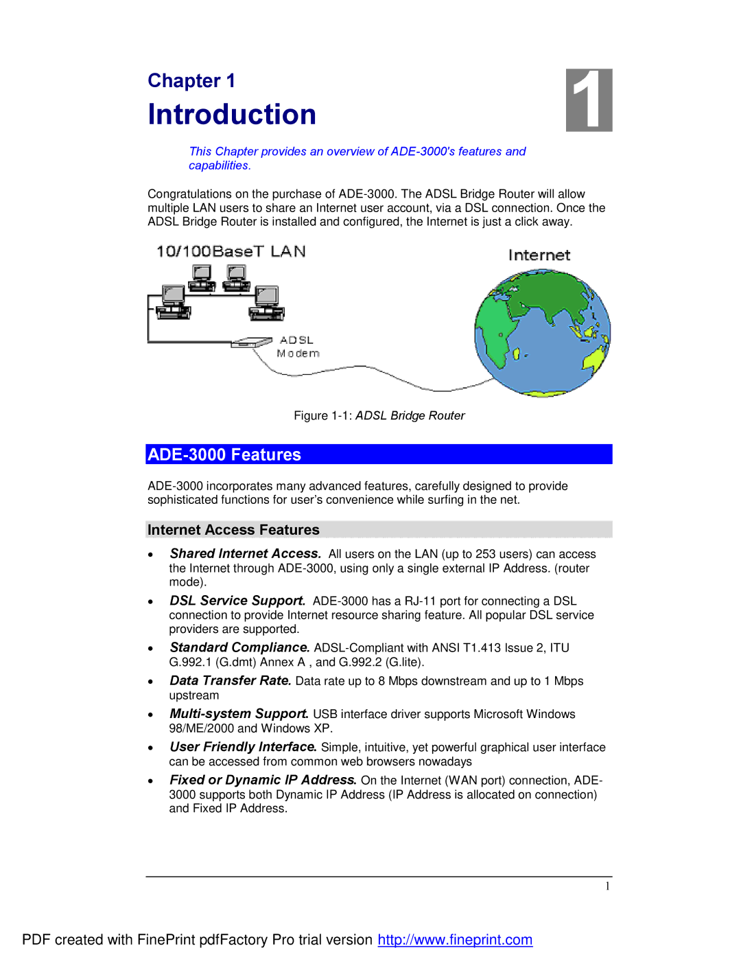 Planet Technology user manual Introduction, ADE-3000 Features, Internet Access Features 