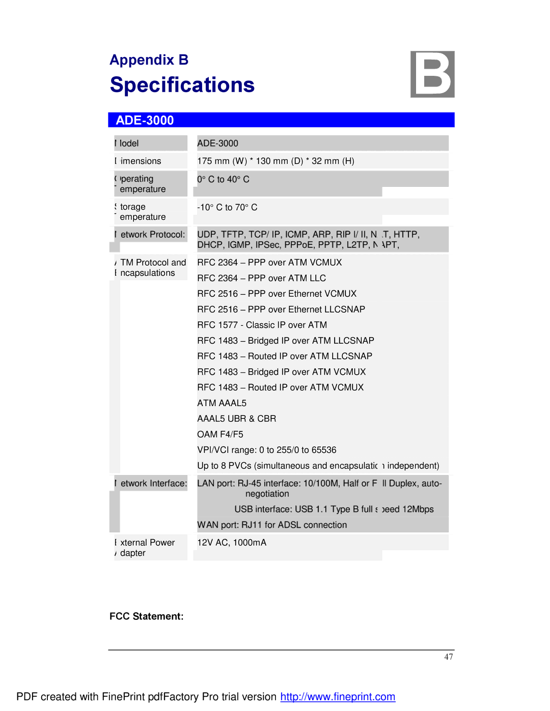 Planet Technology ADE-3000 user manual Specifications 