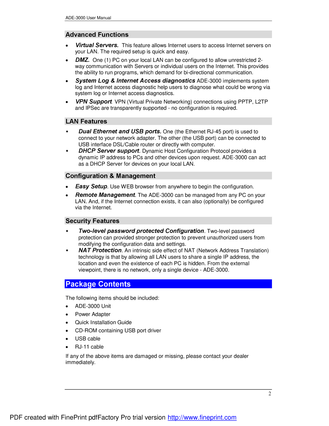 Planet Technology ADE-3000 user manual Package Contents 