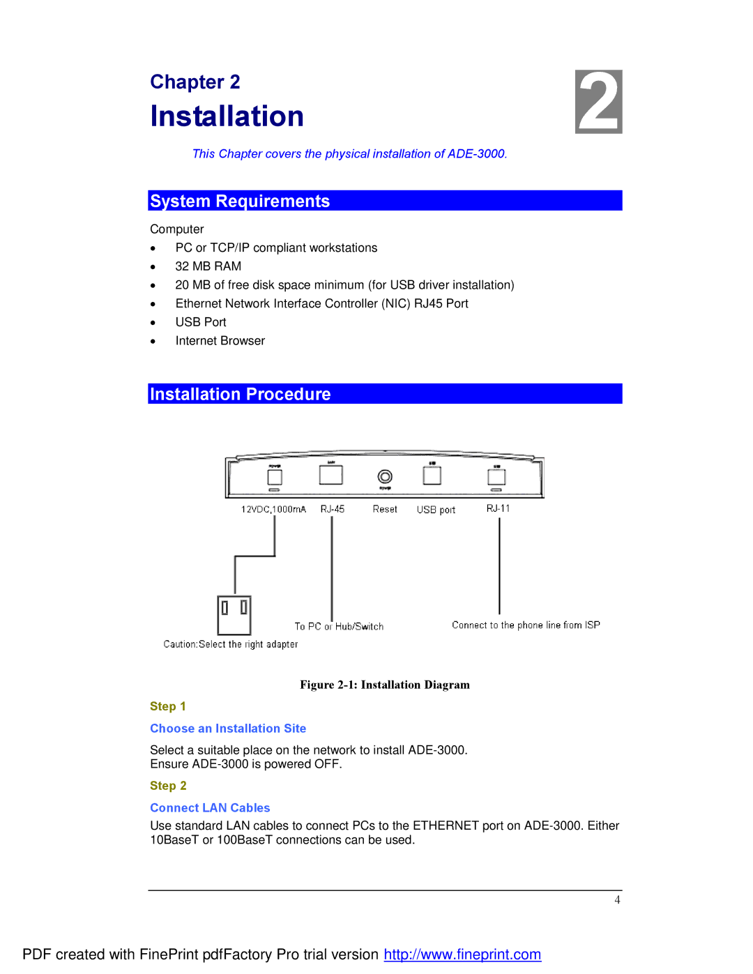 Planet Technology ADE-3000 user manual System Requirements, Installation Procedure, Choose an Installation Site 