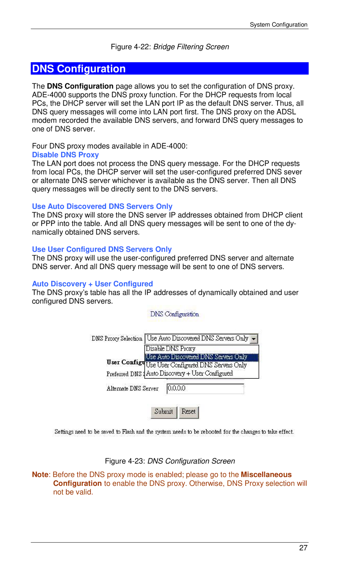 Planet Technology ADE-4000 user manual DNS Configuration, Disable DNS Proxy, Use Auto Discovered DNS Servers Only 