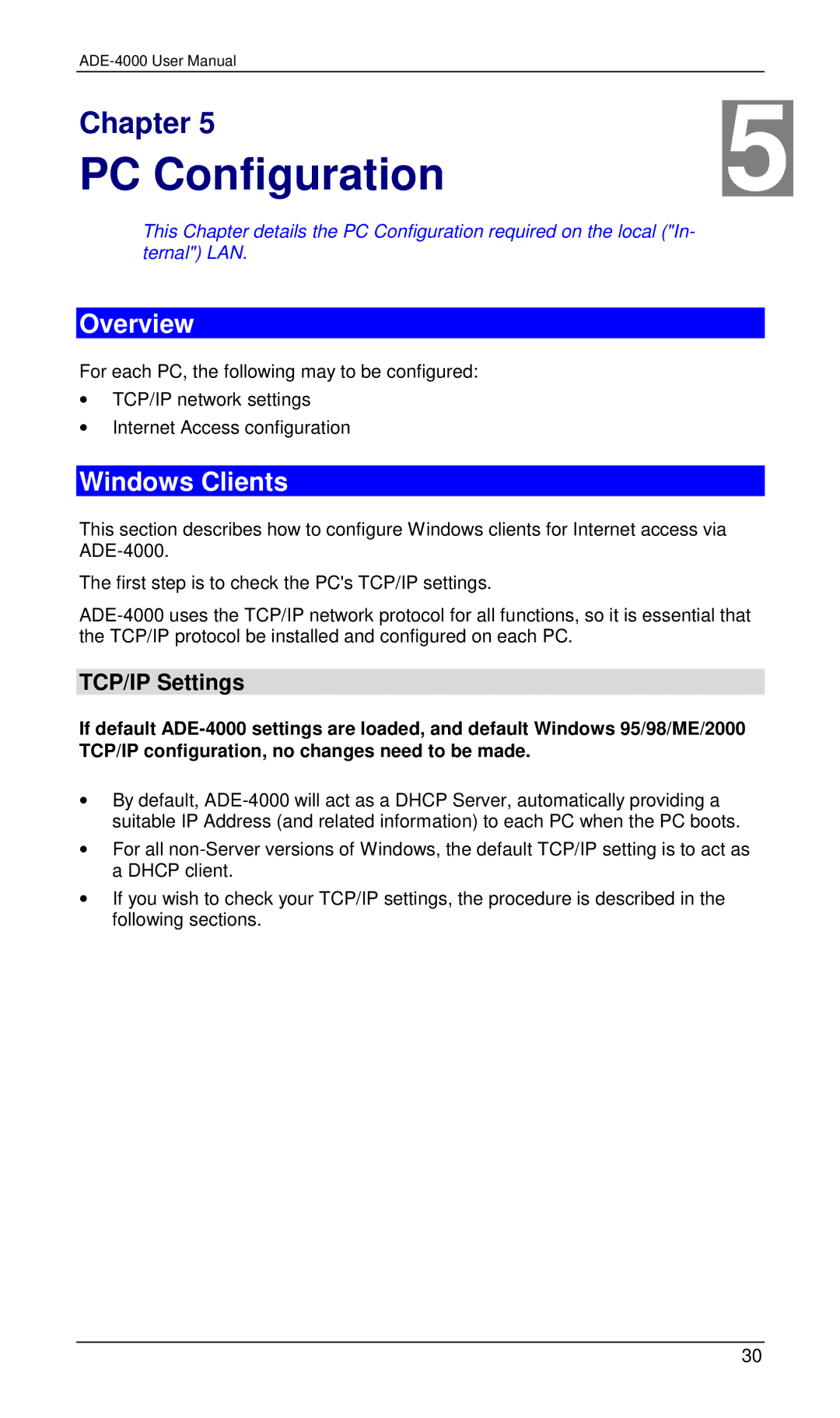 Planet Technology ADE-4000 user manual PC Configuration, Windows Clients, TCP/IP Settings 