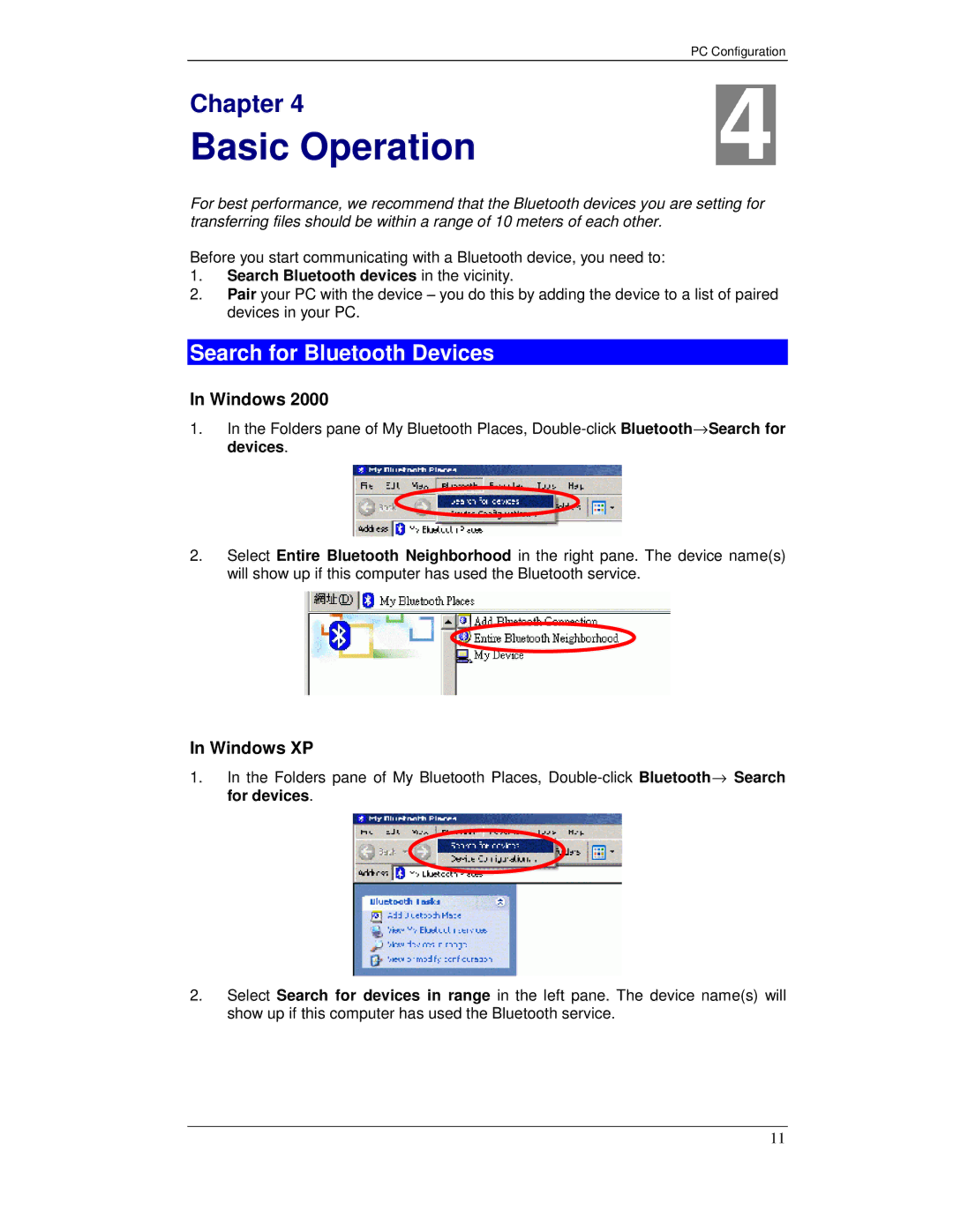 Planet Technology BT-200U user manual Basic Operation, Search for Bluetooth Devices, Windows XP 