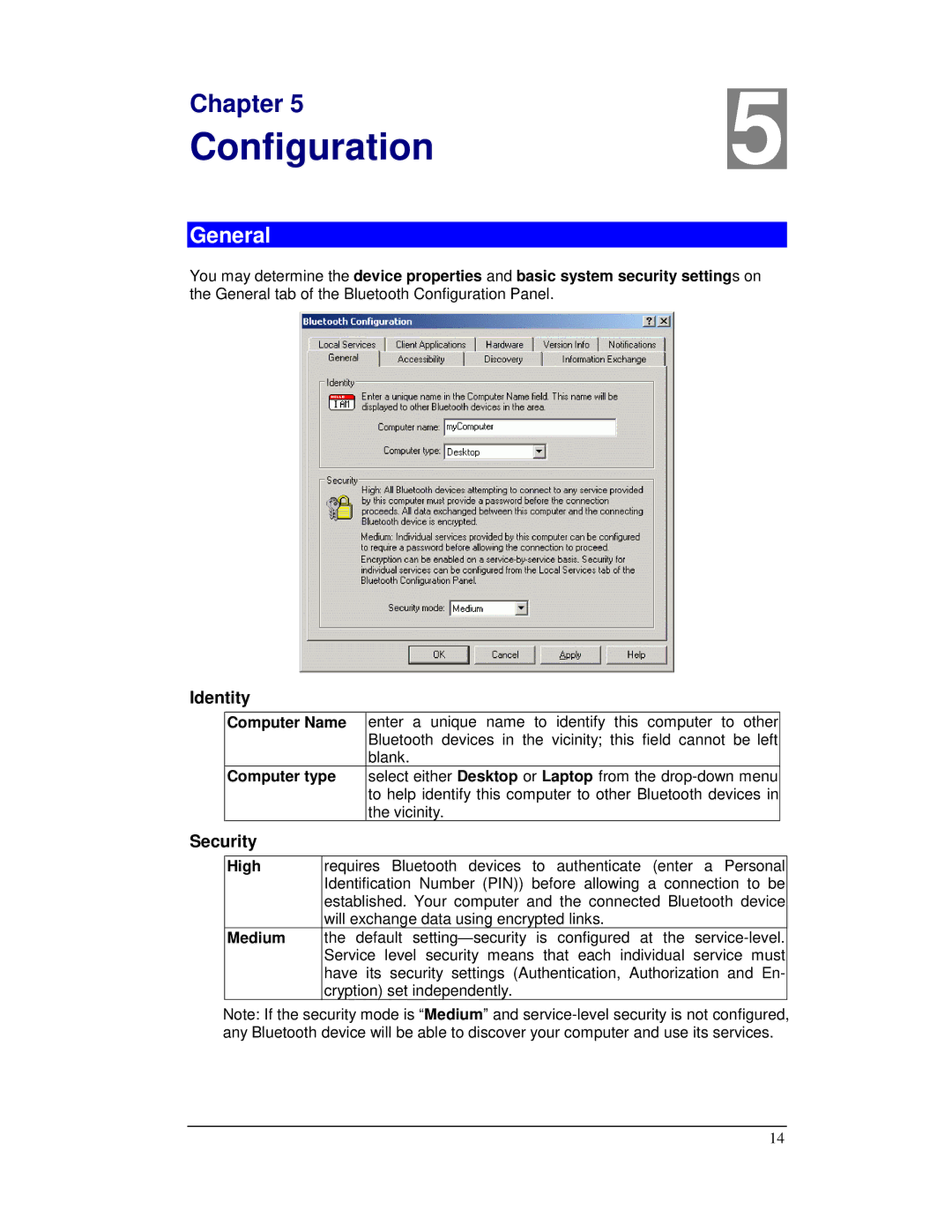 Planet Technology BT-200U user manual Configuration, General, Identity, Security 