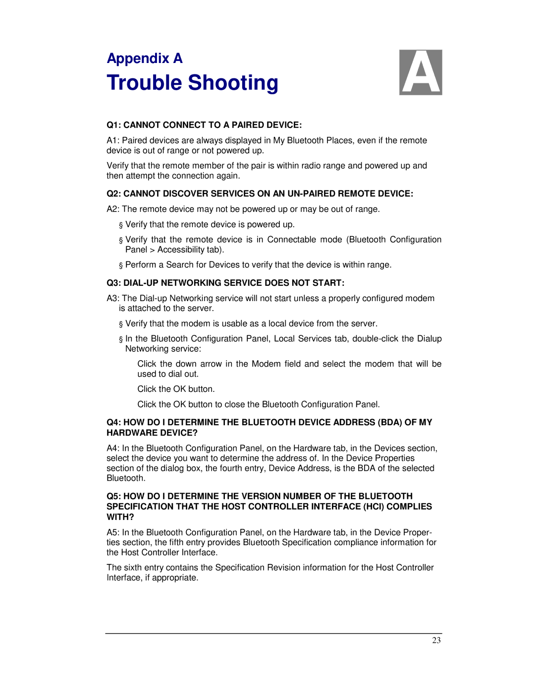 Planet Technology BT-200U user manual Trouble Shooting, Q1 Cannot Connect to a Paired Device 