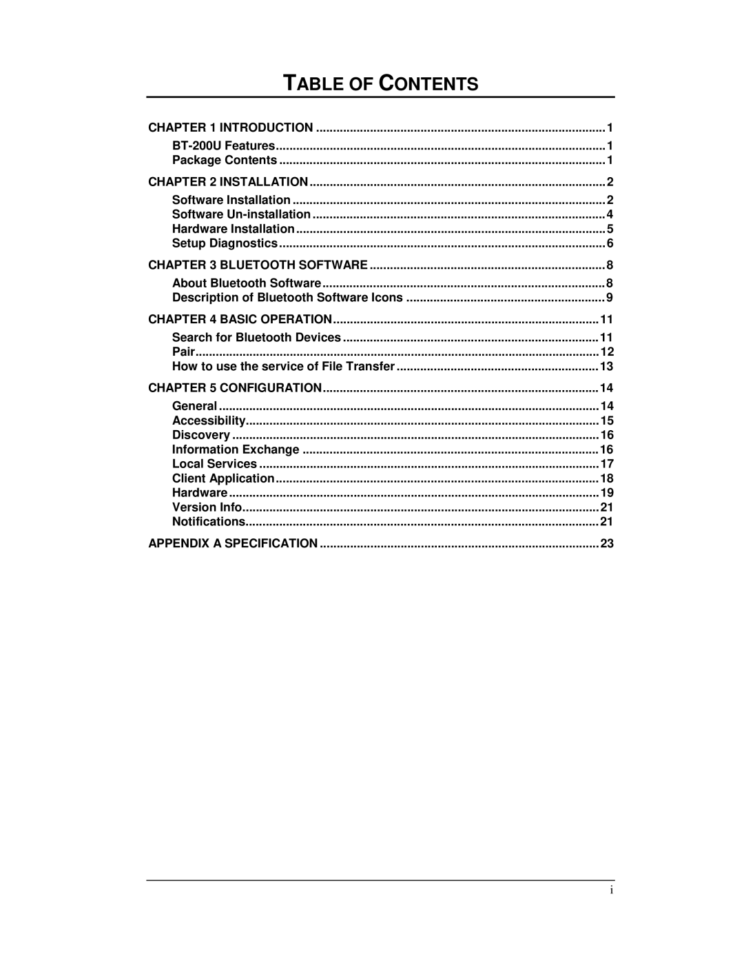 Planet Technology BT-200U user manual Table of Contents 