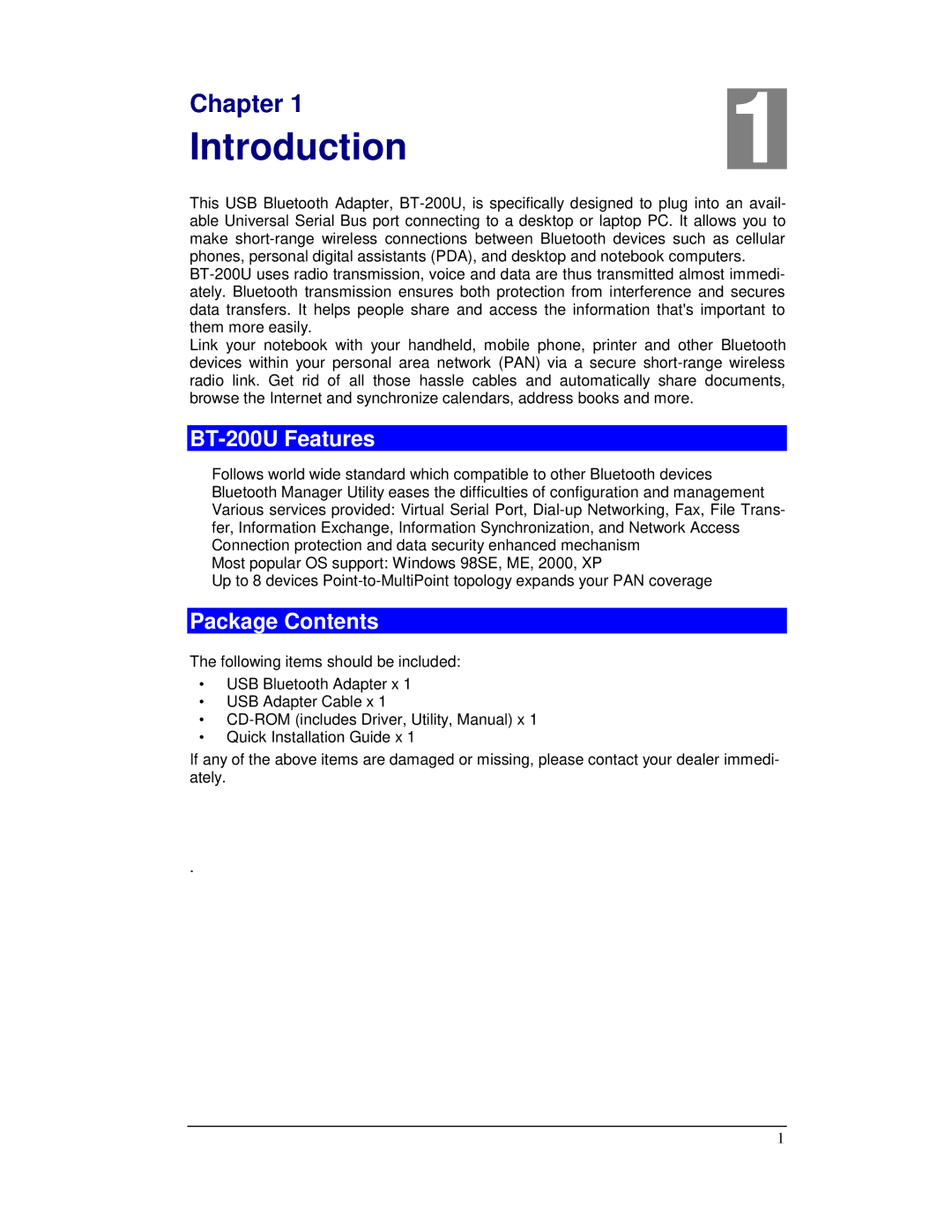 Planet Technology user manual Introduction, BT-200U Features, Package Contents 