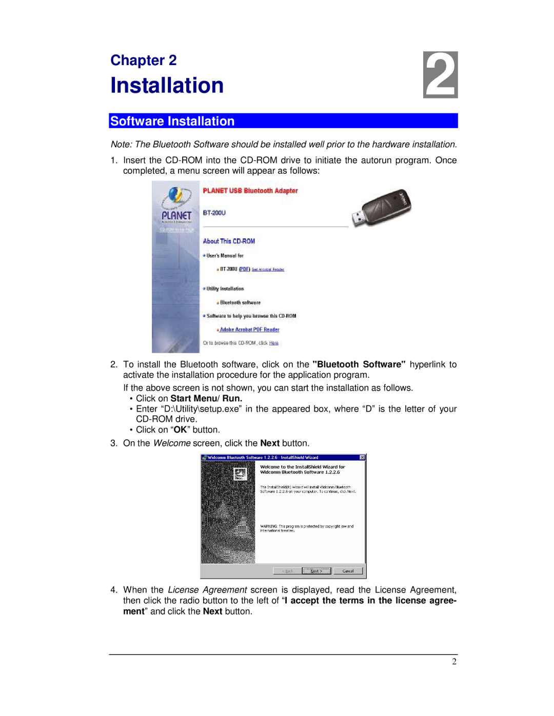 Planet Technology BT-200U user manual Software Installation, Click on Start Menu/ Run 