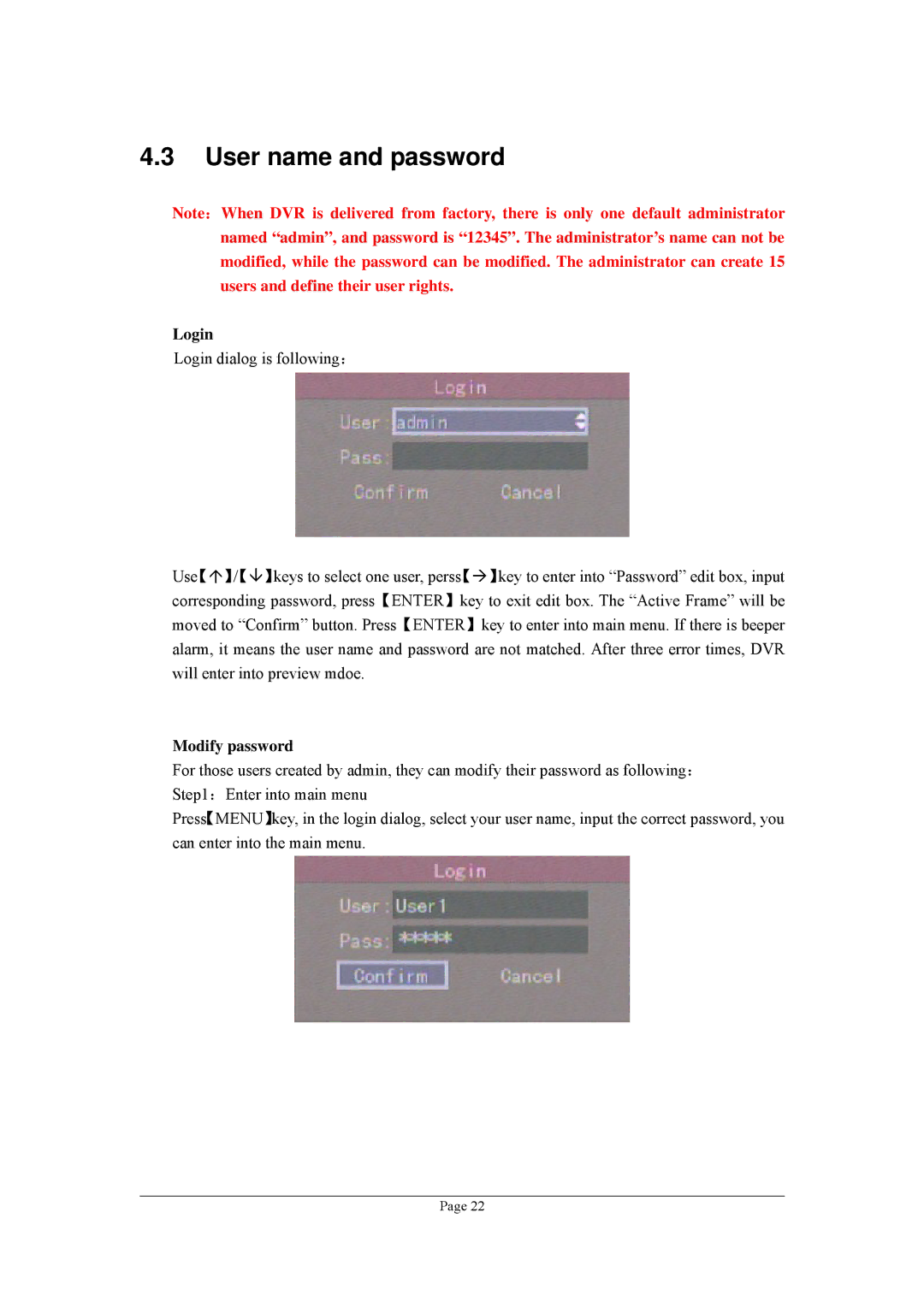 Planet Technology DVR-1670, DVR-470 user manual User name and password, Login, Modify password 