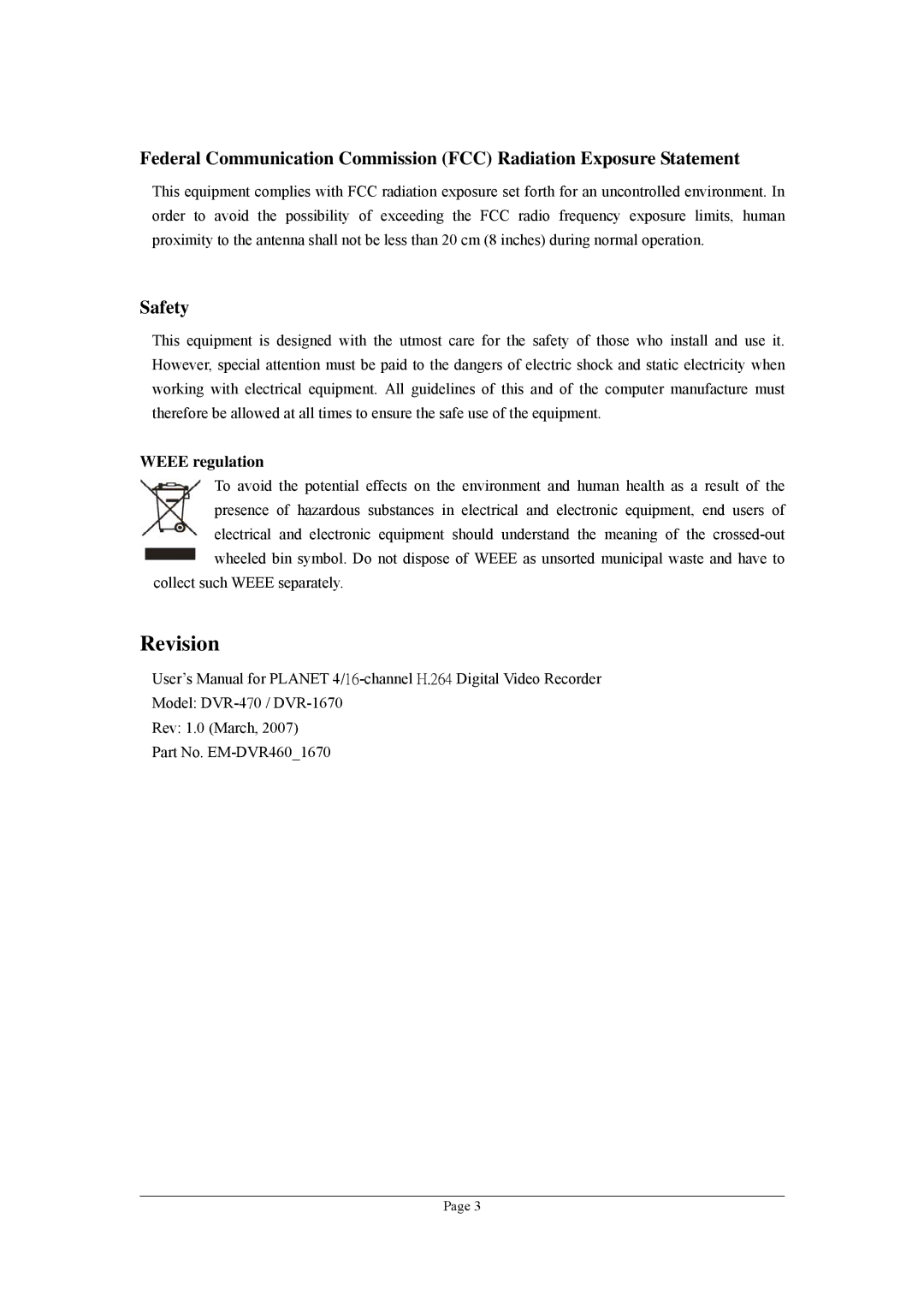 Planet Technology DVR-470, DVR-1670 user manual Safety, Weee regulation 