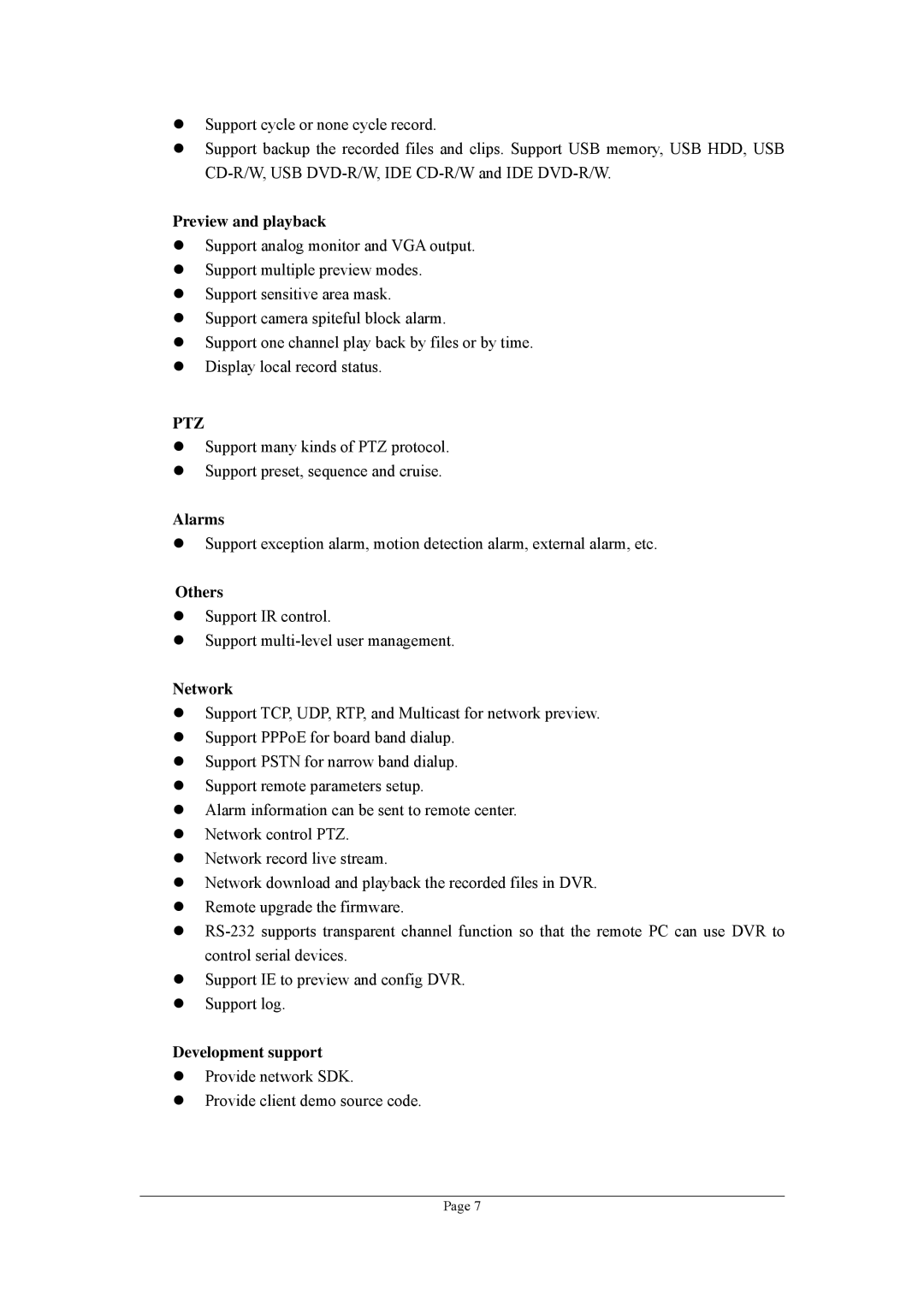 Planet Technology DVR-470, DVR-1670 user manual Preview and playback, Alarms, Others, Network, Development support 
