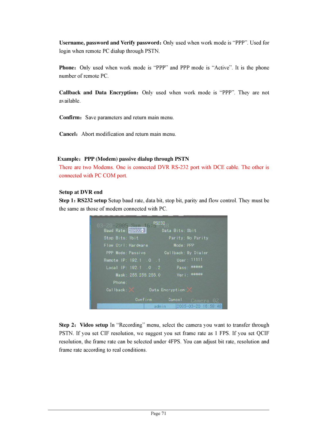 Planet Technology DVR-470, DVR-1670 user manual Example：PPP Modem passive dialup through Pstn, Setup at DVR end 