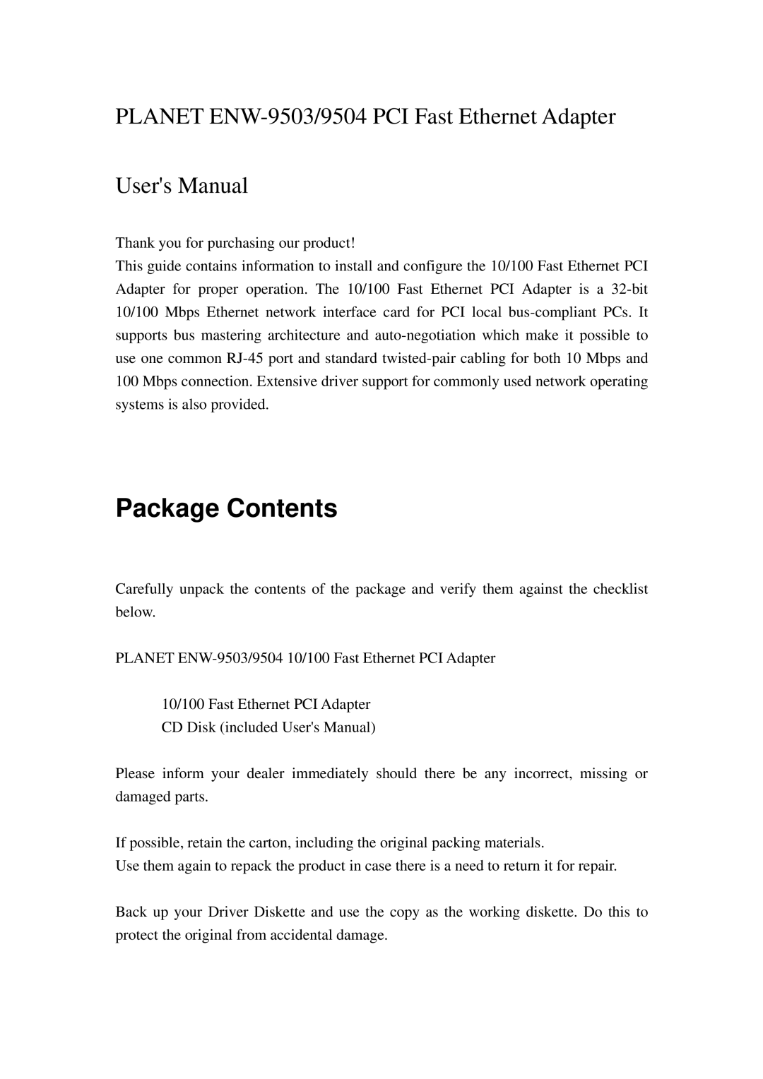 Planet Technology ENW-9504, ENW-9503 user manual Package Contents 