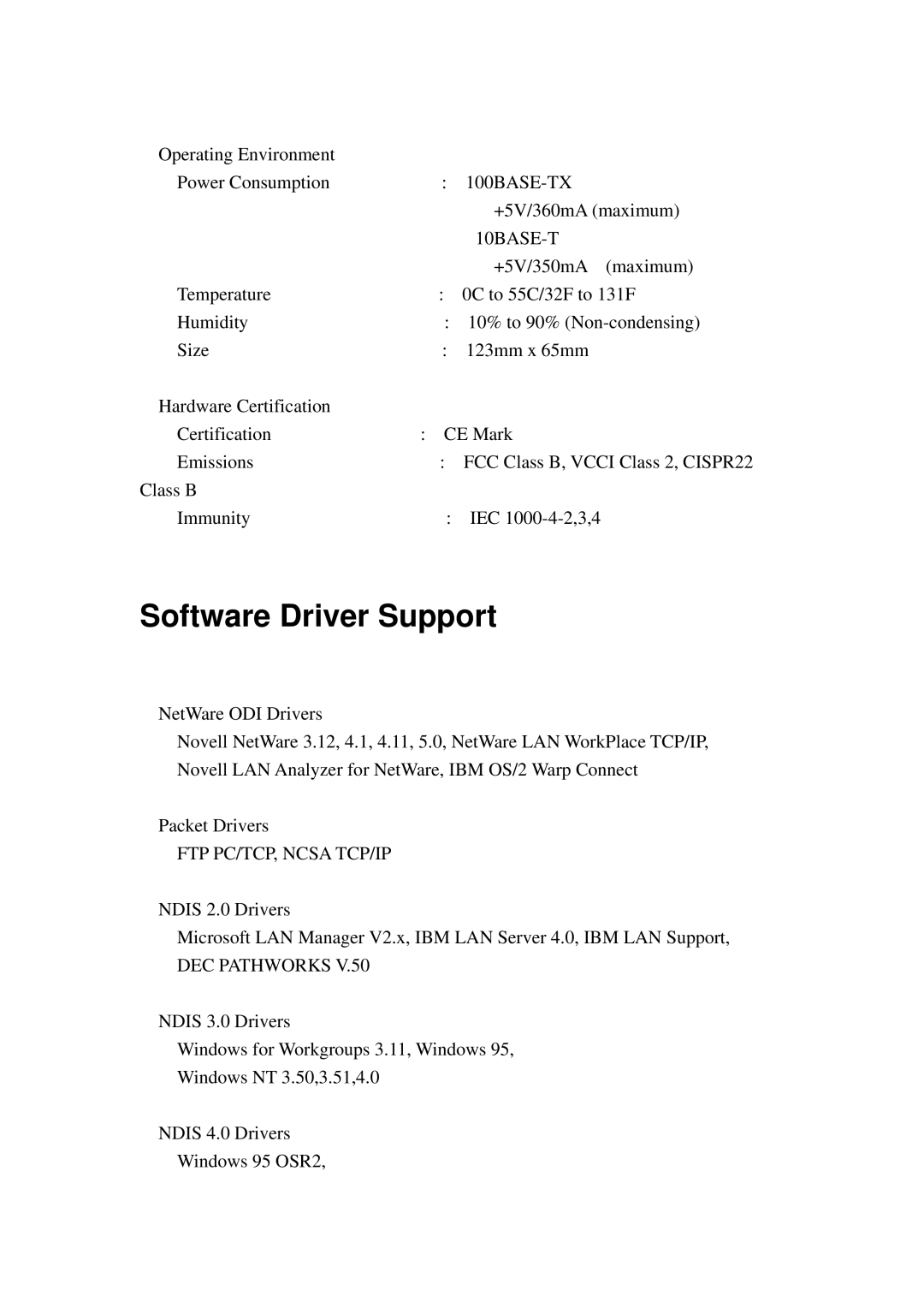 Planet Technology ENW-9503, ENW-9504 user manual Software Driver Support, 10BASE-T 