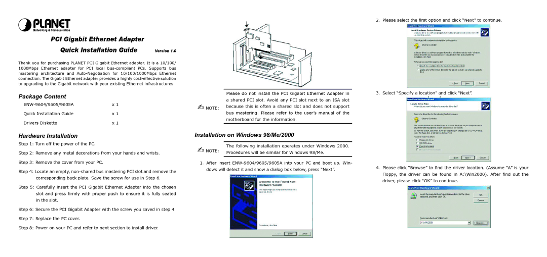 Planet Technology ENW-9604 user manual PCI Gigabit Ethernet Adapter Quick Installation Guide, Package Content, Version 