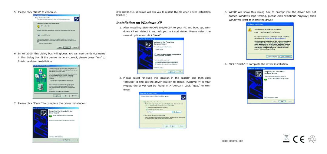 Planet Technology ENW-9605A, ENW-9604 user manual Installation on Windows XP 