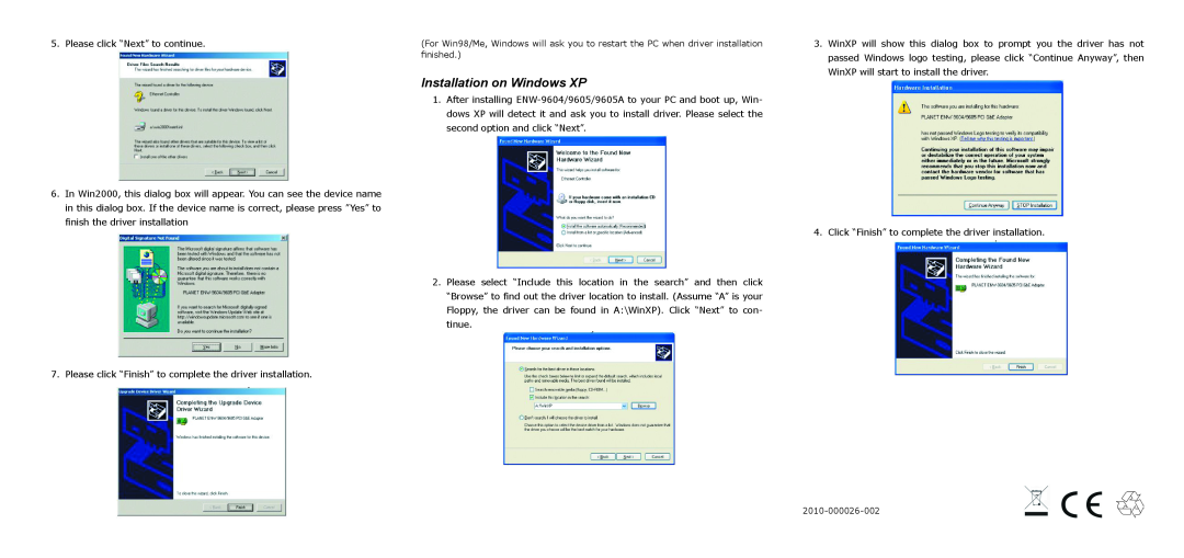 Planet Technology ENW-9605A, ENW-9604 user manual Installation on Windows XP 
