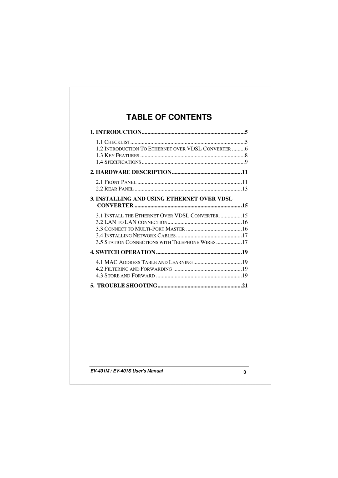 Planet Technology EV-401S, EV-401M user manual Table of Contents 