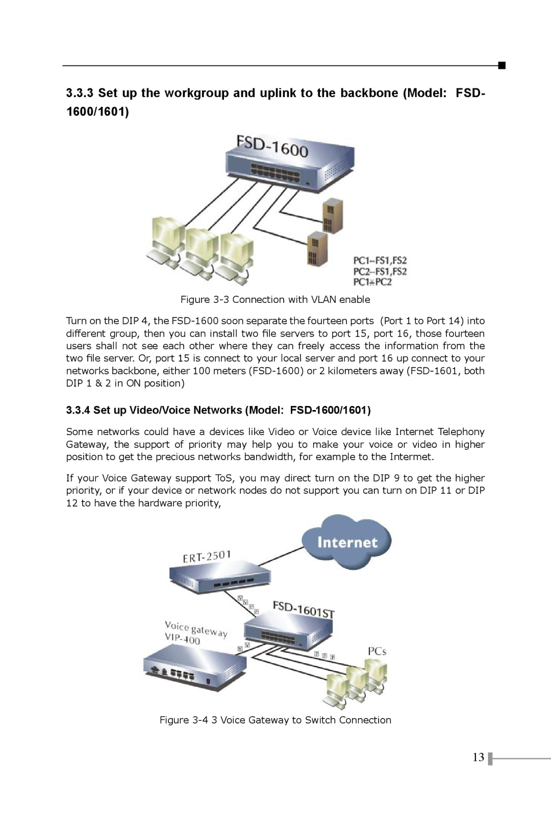 Planet Technology FSD-801, FSD-1601 ST Set up Video/Voice Networks Model FSD-1600/1601, Voice Gateway to Switch Connection 