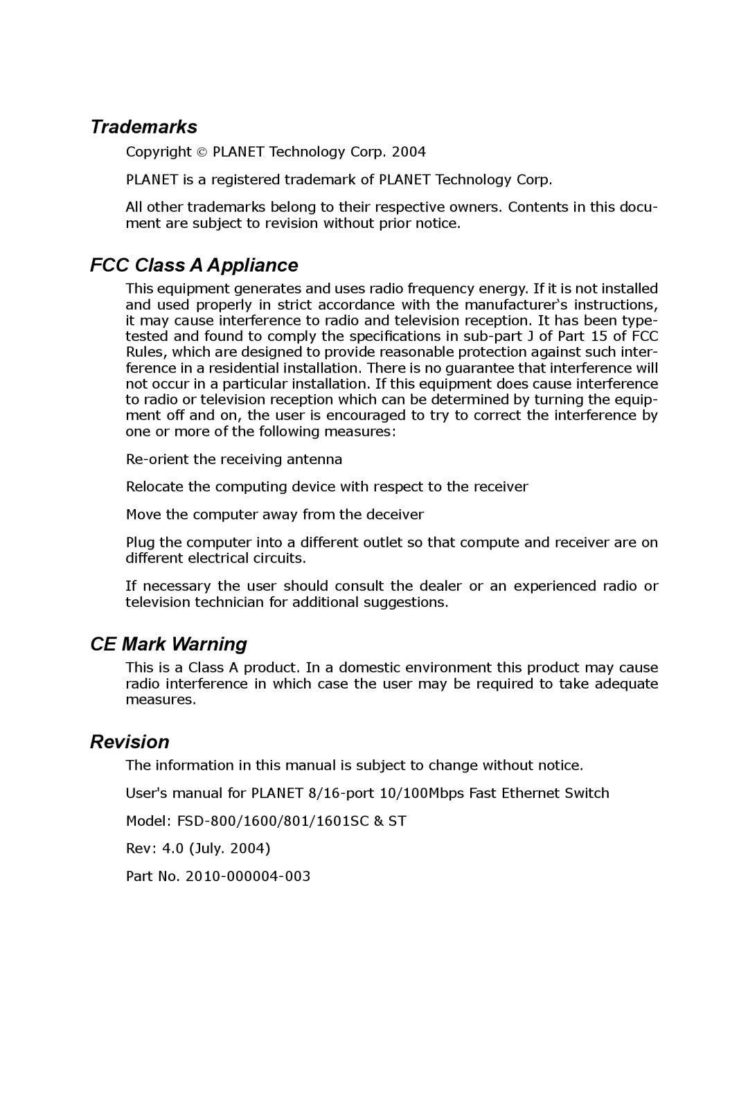 Planet Technology FSD-1600, FSD-1601 ST, FSD-801, FSD-1601SC Trademarks, FCC Class a Appliance, CE Mark Warning, Revision 