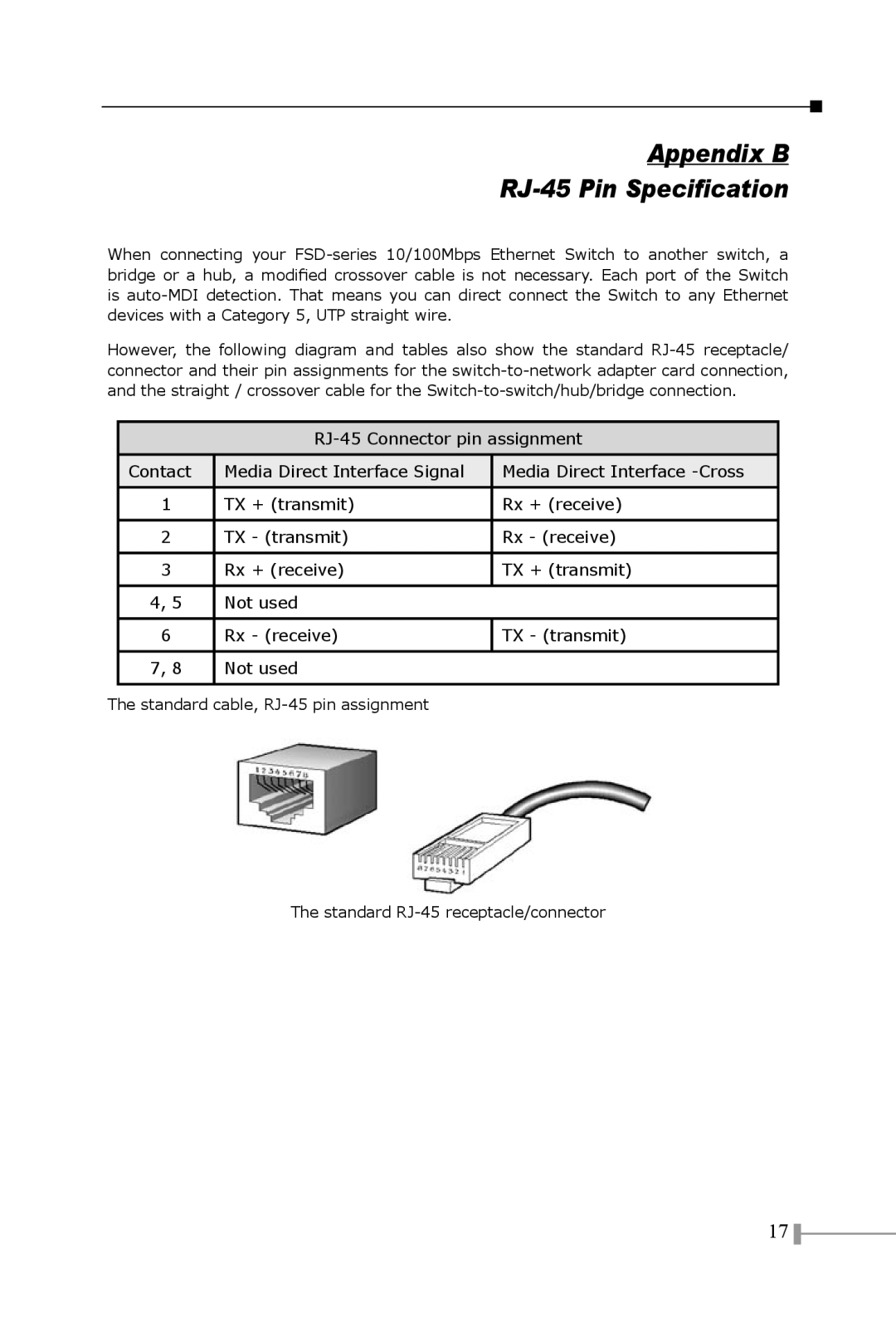 Planet Technology FSD-1601 ST, FSD-801, FSD-1600 Appendix B RJ-45 Pin Specification, RJ-45 Connector pin assignment Contact 