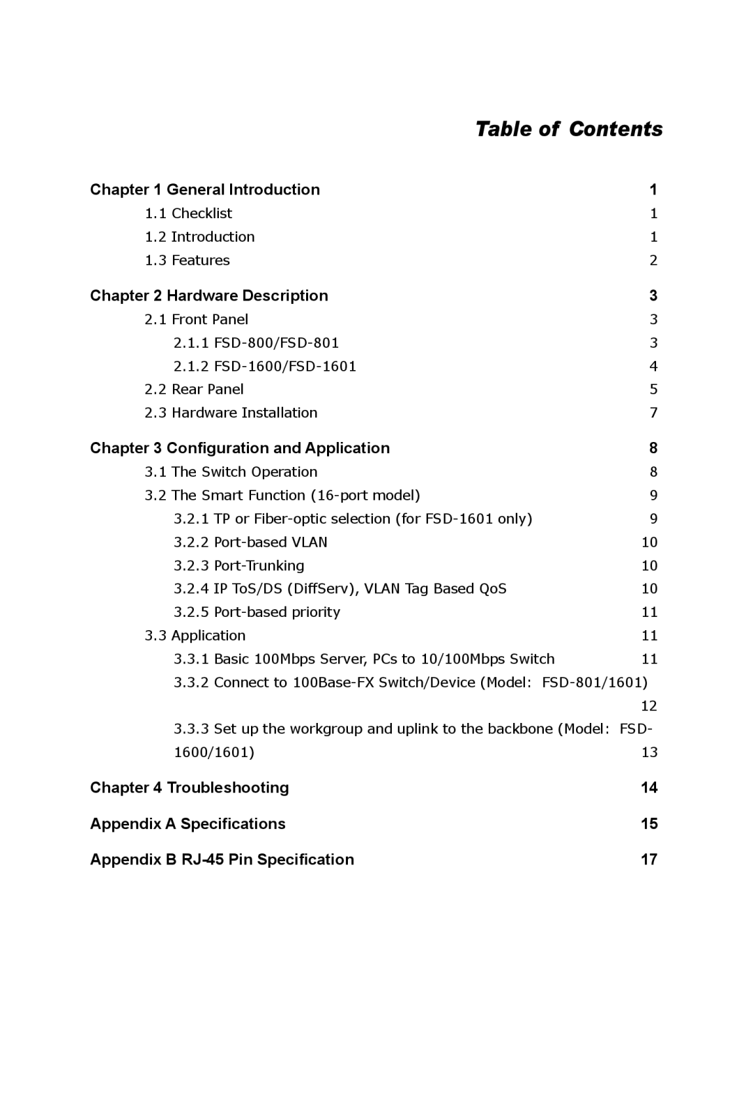 Planet Technology FSD-1601SC, FSD-1601 ST, FSD-801, FSD-1600 manual Table of Contents 