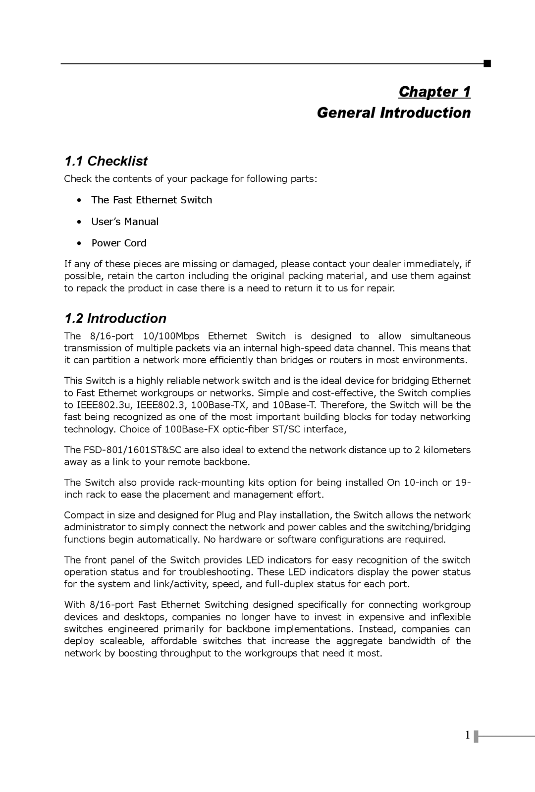 Planet Technology FSD-800, FSD-1600, FSD-801, FSD-1601SC, FSD-1601 ST manual Chapter General Introduction, Checklist 