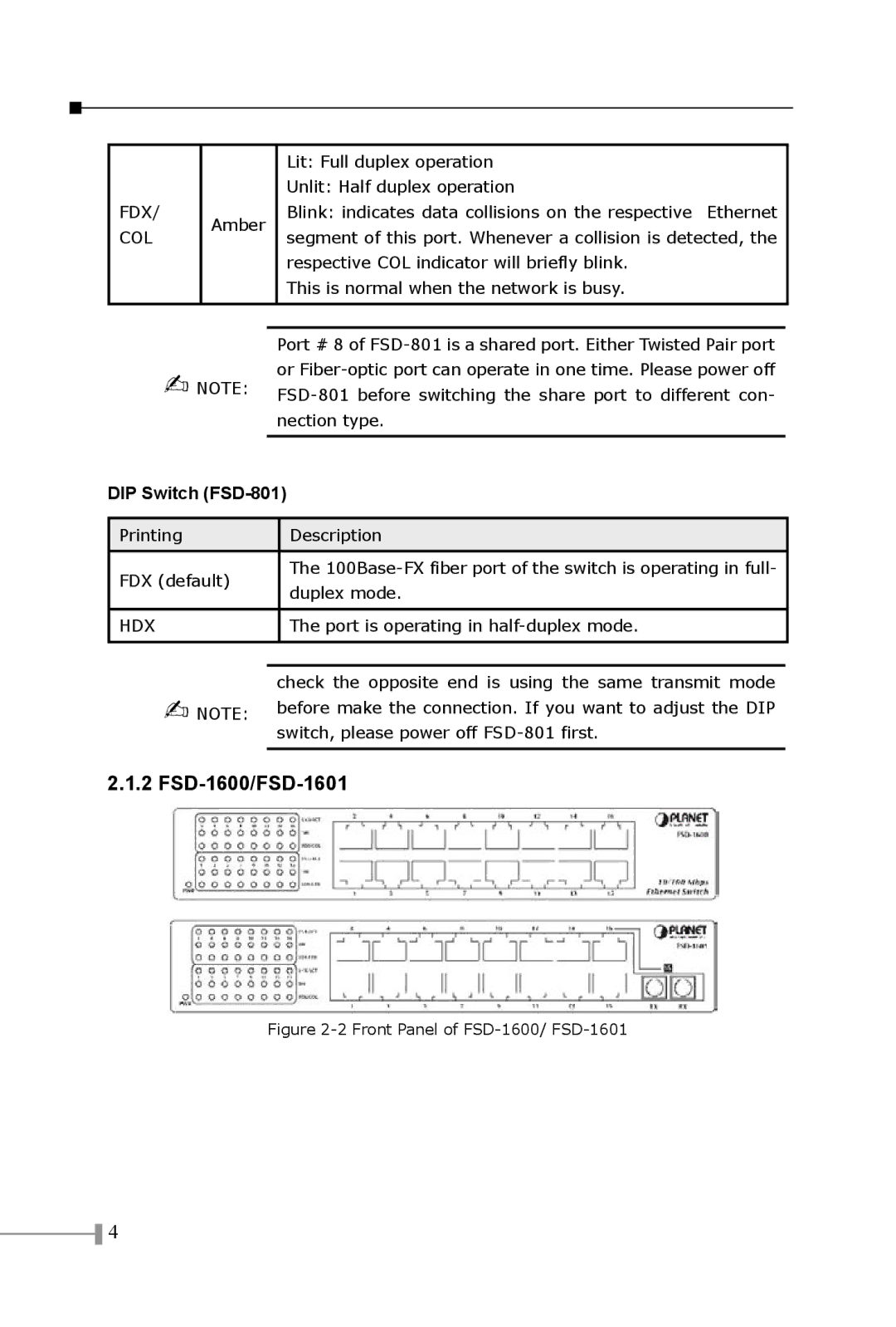 Planet Technology FSD-1601 ST, FSD-1601SC manual FSD-1600/FSD-1601,  Note, DIP Switch FSD-801 