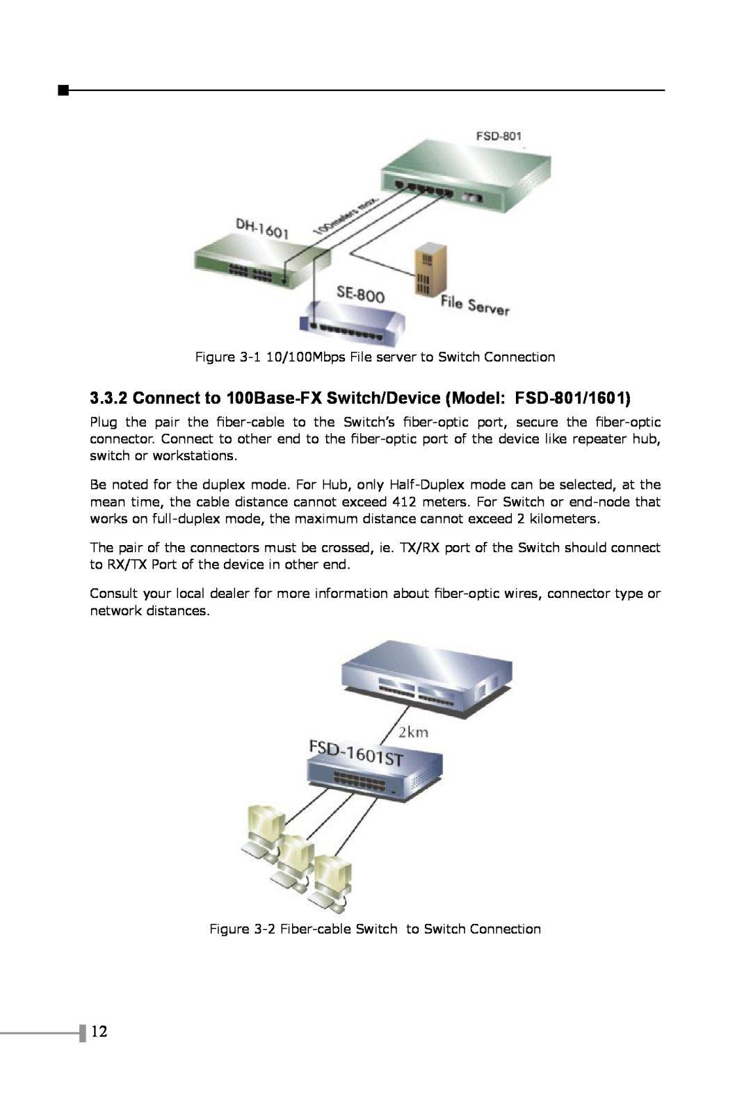 Planet Technology FSD-1601 ST, FSD-1600, FSD-1601SC manual Connect to 100Base-FX Switch/Device Model FSD-801/1601 