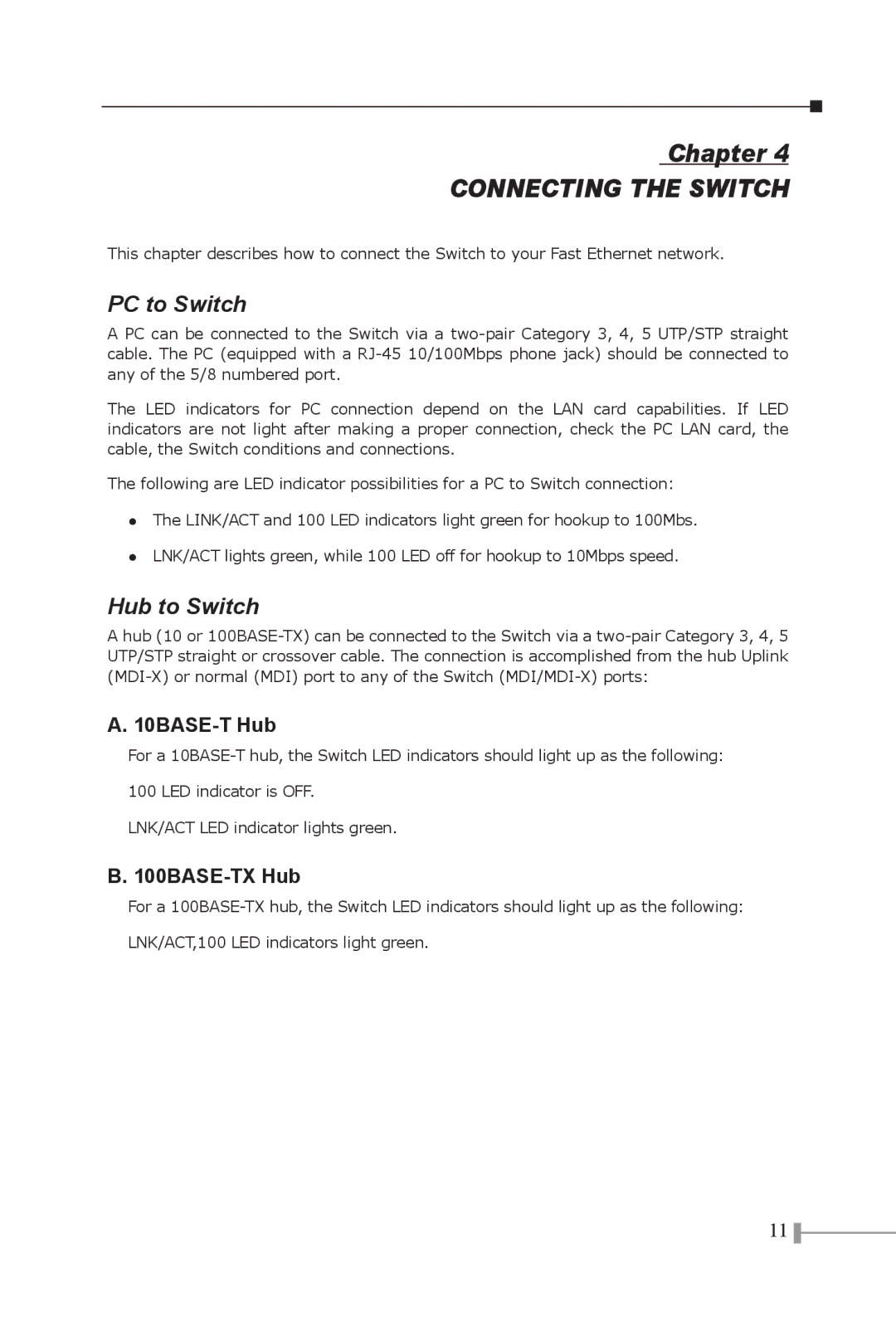 Planet Technology FSD-503, FSD-803, FSD-1603 manual Connecting the Switch, PC to Switch, Hub to Switch 