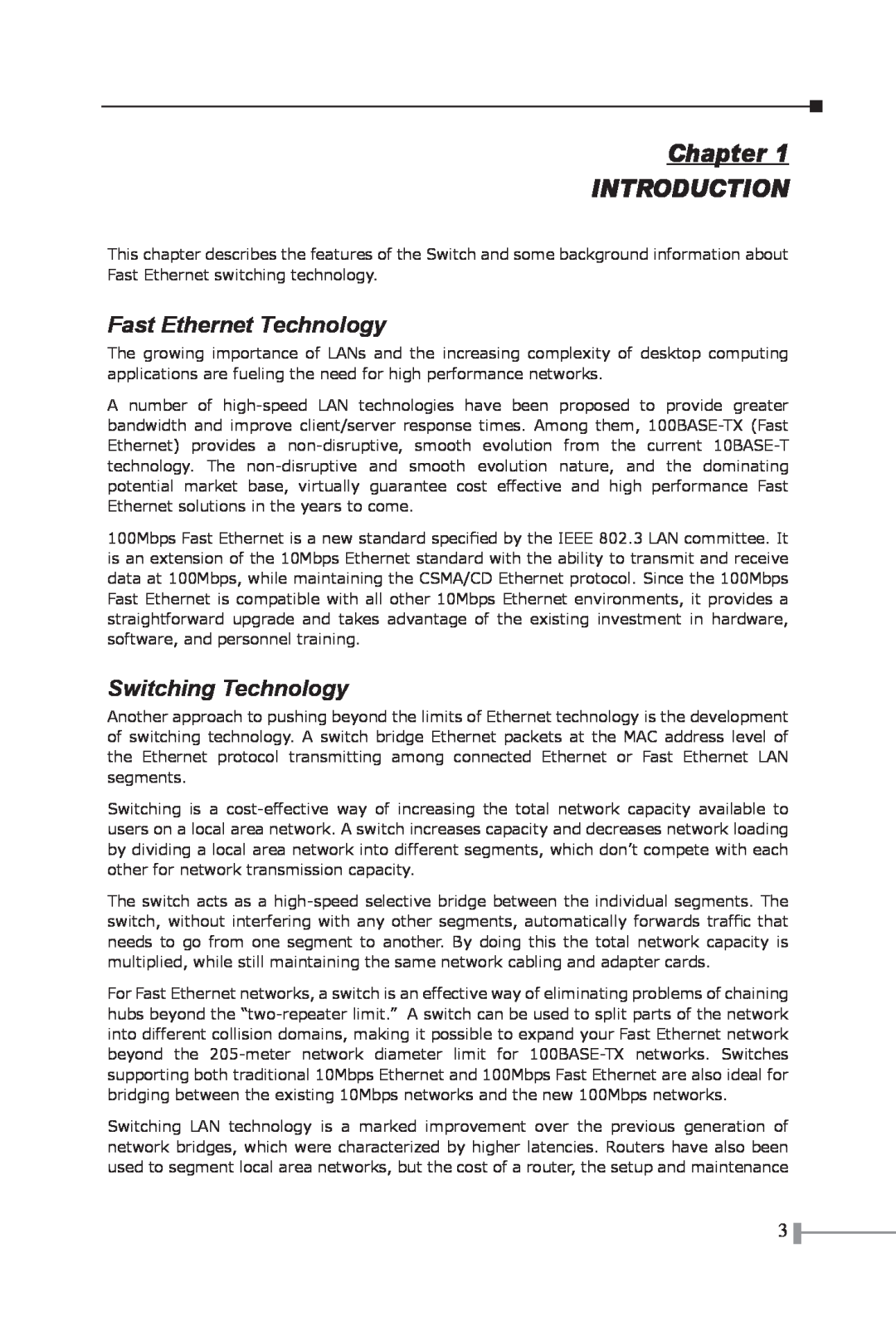 Planet Technology FSD-803, FSD-1603, FSD-503 manual Chapter INTRODUCTION, Fast Ethernet Technology, Switching Technology 
