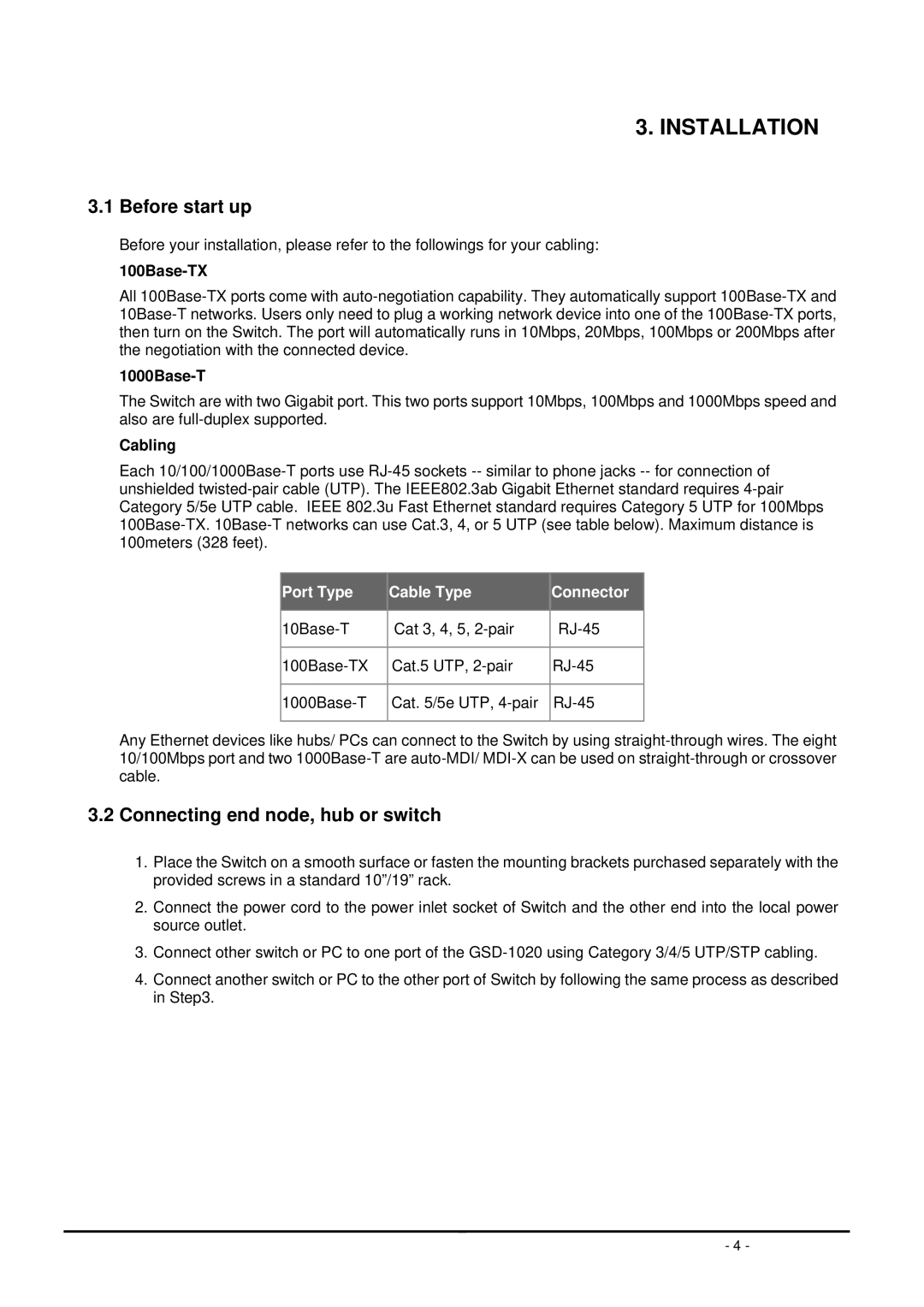 Planet Technology GSD-1020 user manual Installation, Before start up, Connecting end node, hub or switch, Cabling 