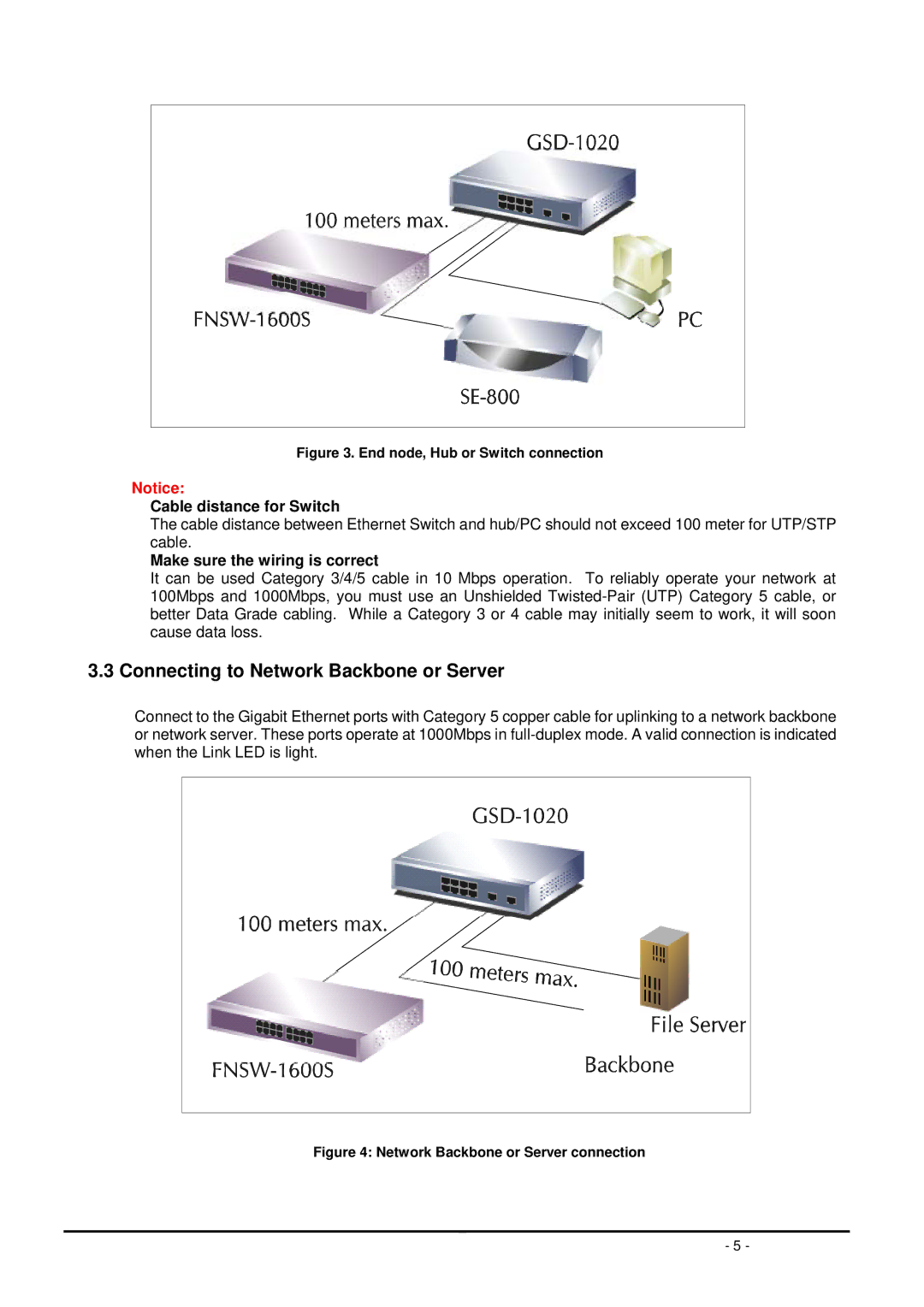 Planet Technology GSD-1020 user manual Connecting to Network Backbone or Server, Cable distance for Switch 