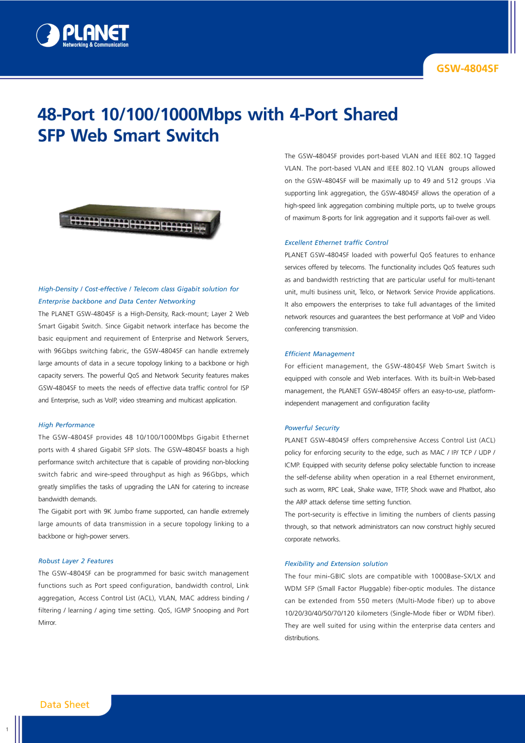 Planet Technology GSW-4804SF manual High Performance, Robust Layer 2 Features, Excellent Ethernet traffic Control 