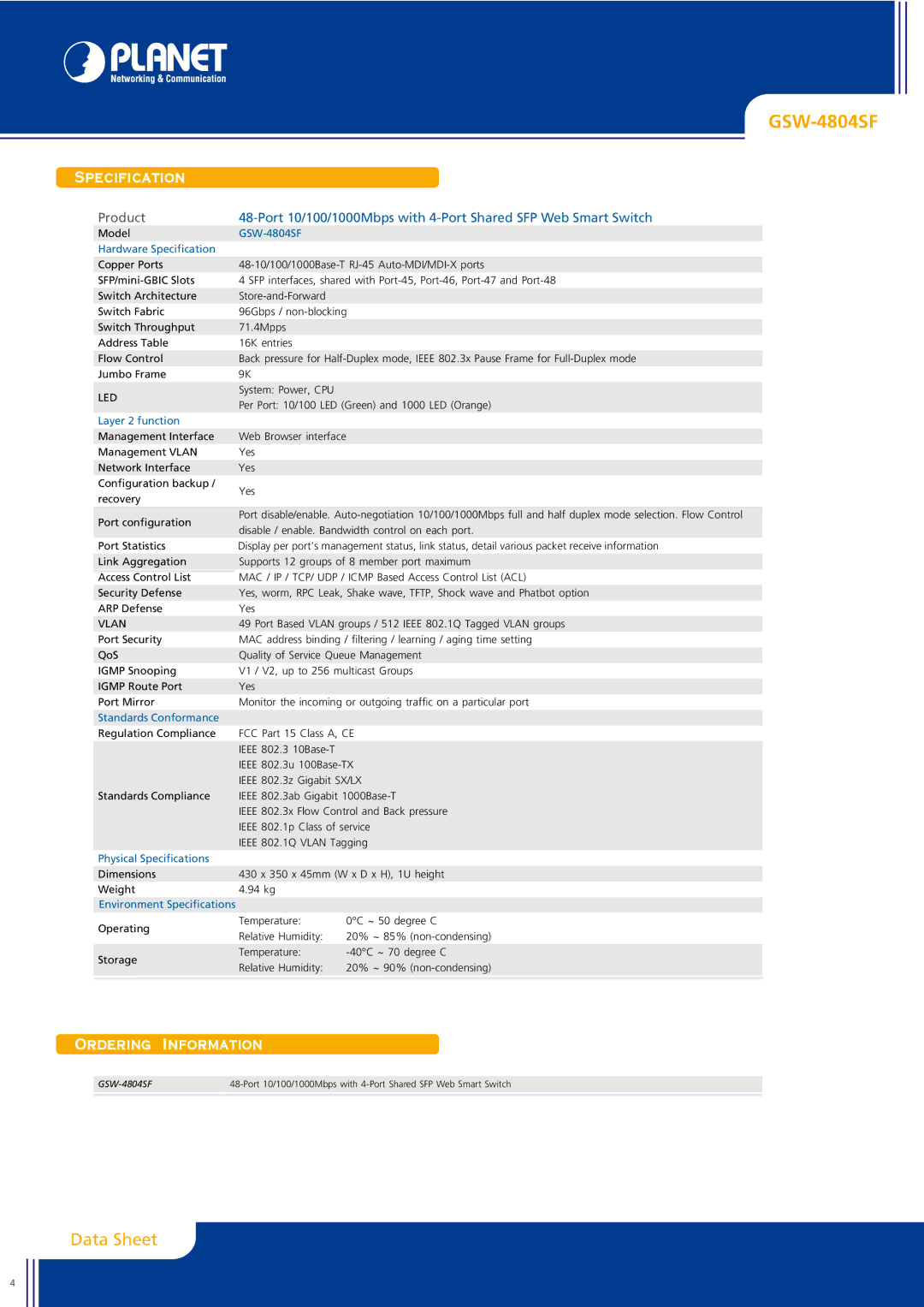 Planet Technology GSW-4804SF manual Specification, Ordering Information 