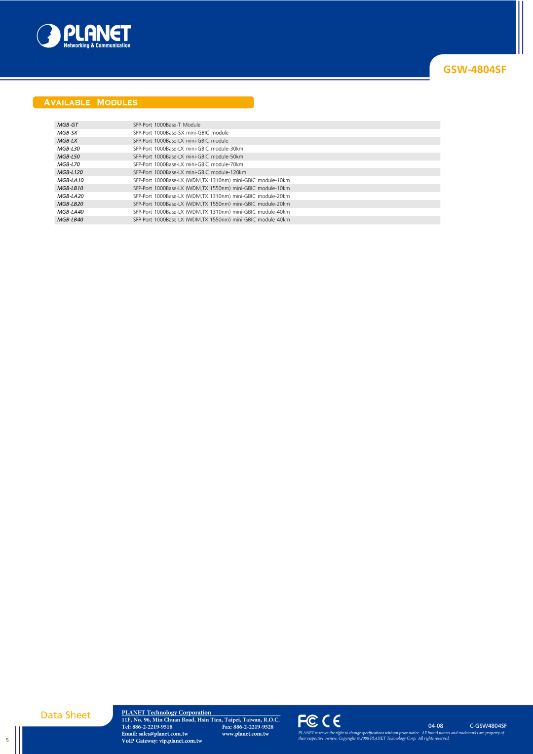 Planet Technology GSW-4804SF manual Modules 