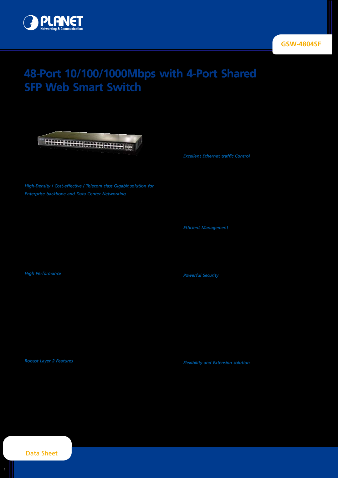 Planet Technology GSW-4804SF manual Data Sheet, High Performance, Robust Layer 2 Features, Efficient Management 