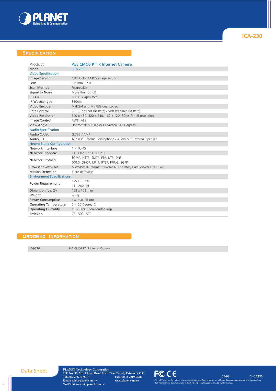 Planet Technology ICA-230 manual Specification, Ordering Information 