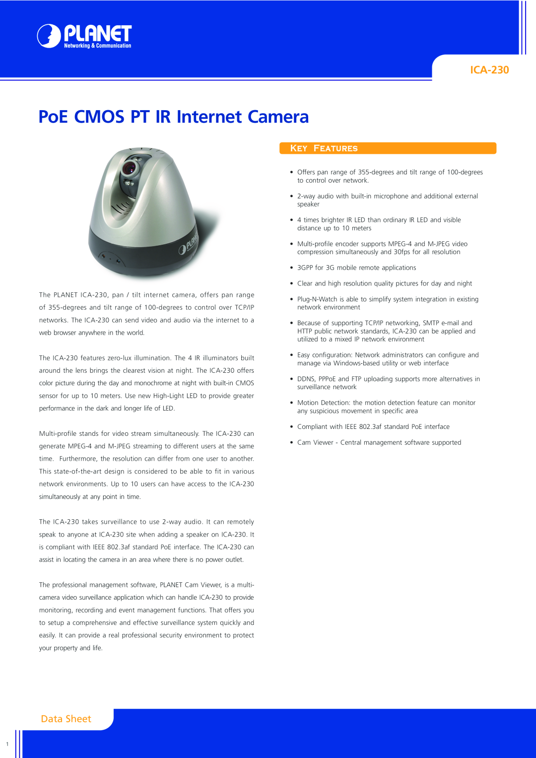 Planet Technology ICA-230 manual Data Sheet, Key Features, PoE CMOS PT IR Internet Camera 