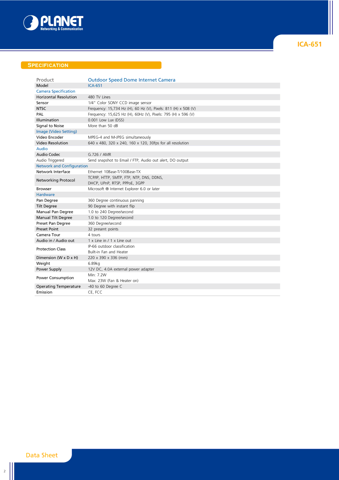 Planet Technology ICA-651 manual Specification, Ntsc, Pal, TCP/IP, HTTP, SMTP, FTP, NTP, DNS, Ddns, Ce, Fcc 