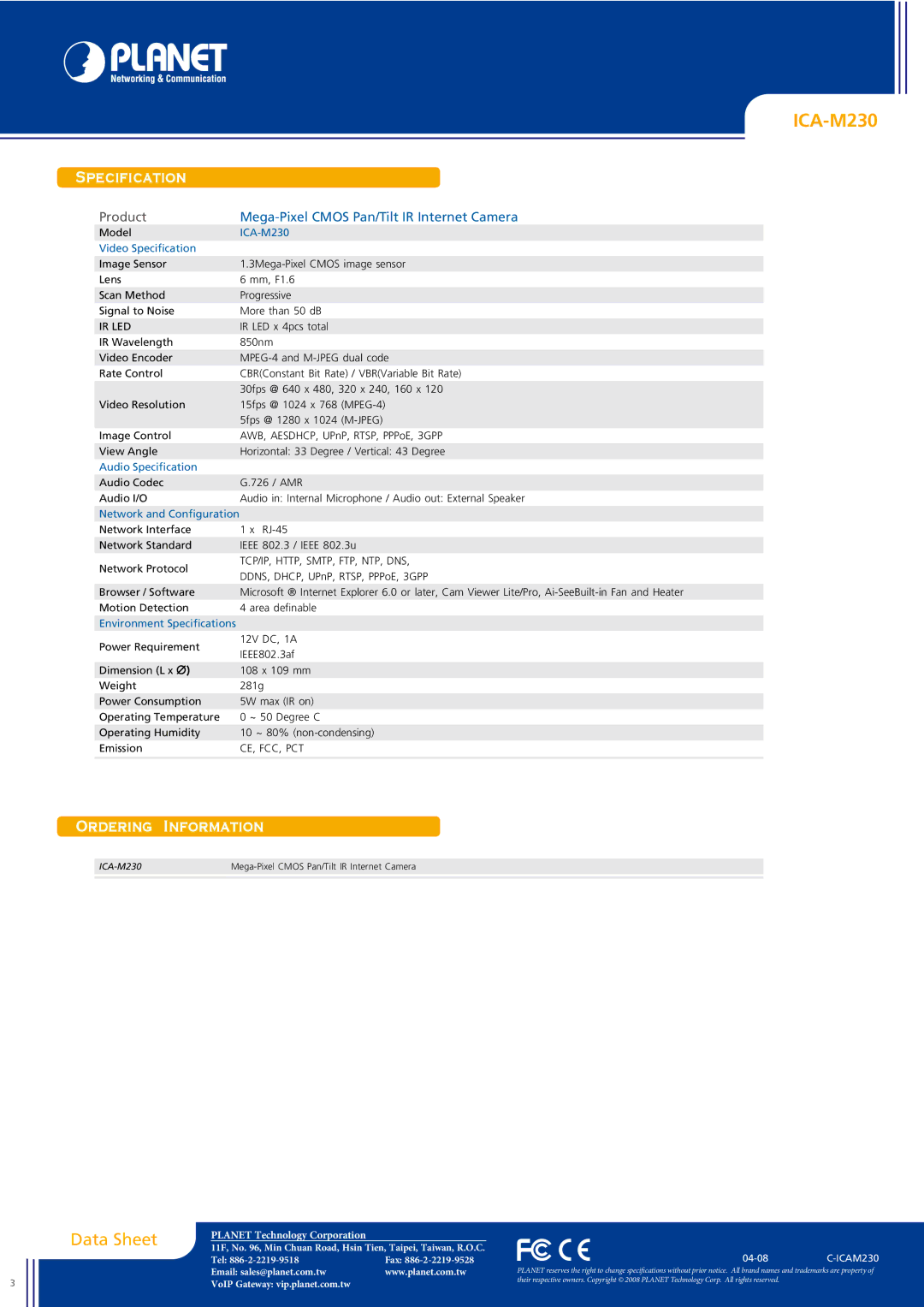 Planet Technology ICA-M230 Specification, Ordering Information, Ir Led, Tcp/Ip, Http, Smtp, Ftp, Ntp, Dns, Ce, Fcc, Pct 