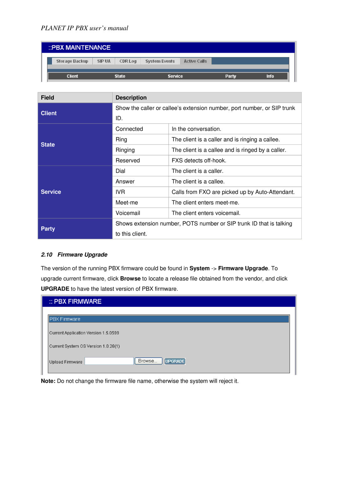 Planet Technology IPX-1800N user manual Client, State, Service, Party, Firmware Upgrade 