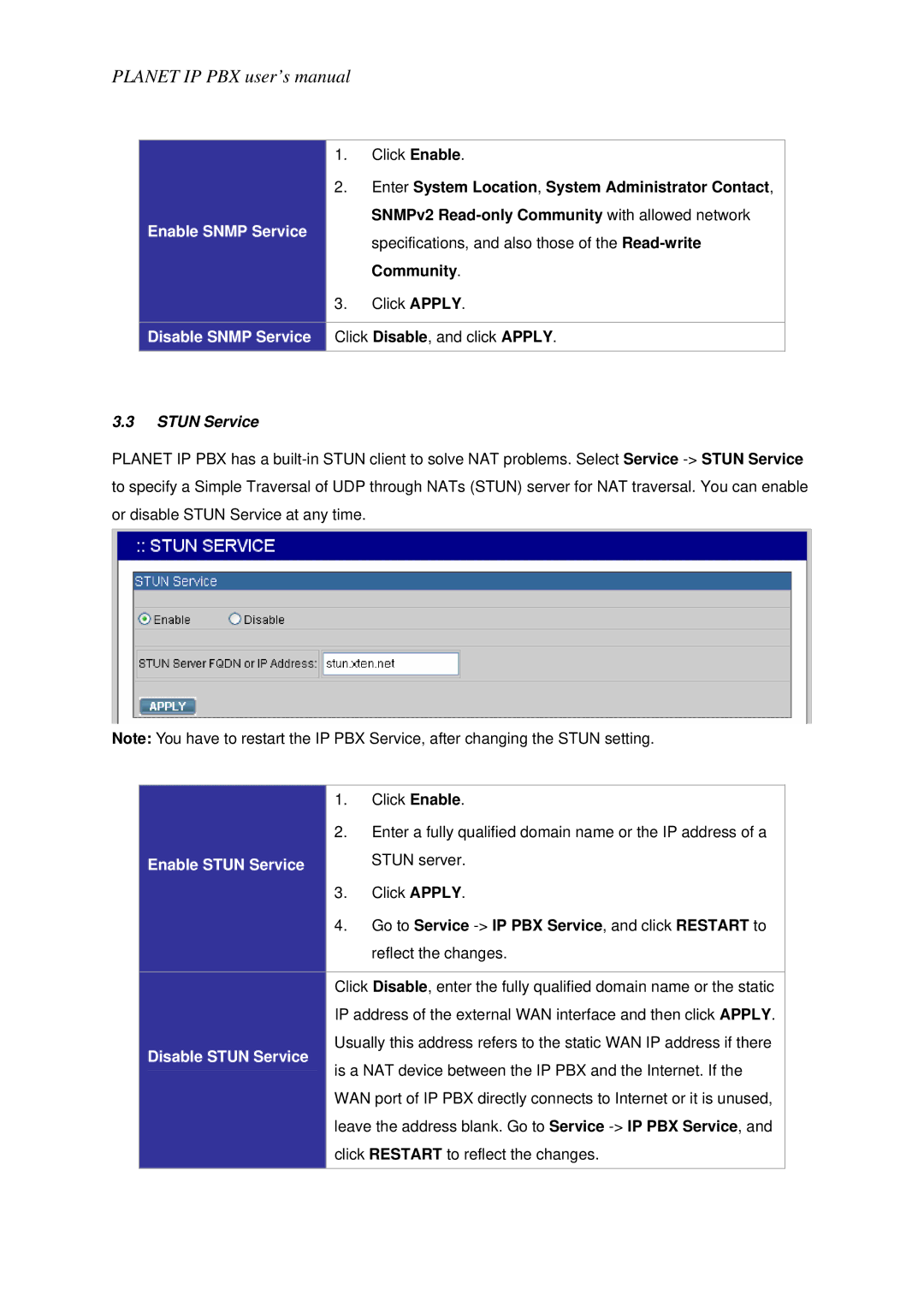 Planet Technology IPX-1800N Enable Snmp Service, Disable Snmp Service Click Disable, and click Apply, Stun Service 