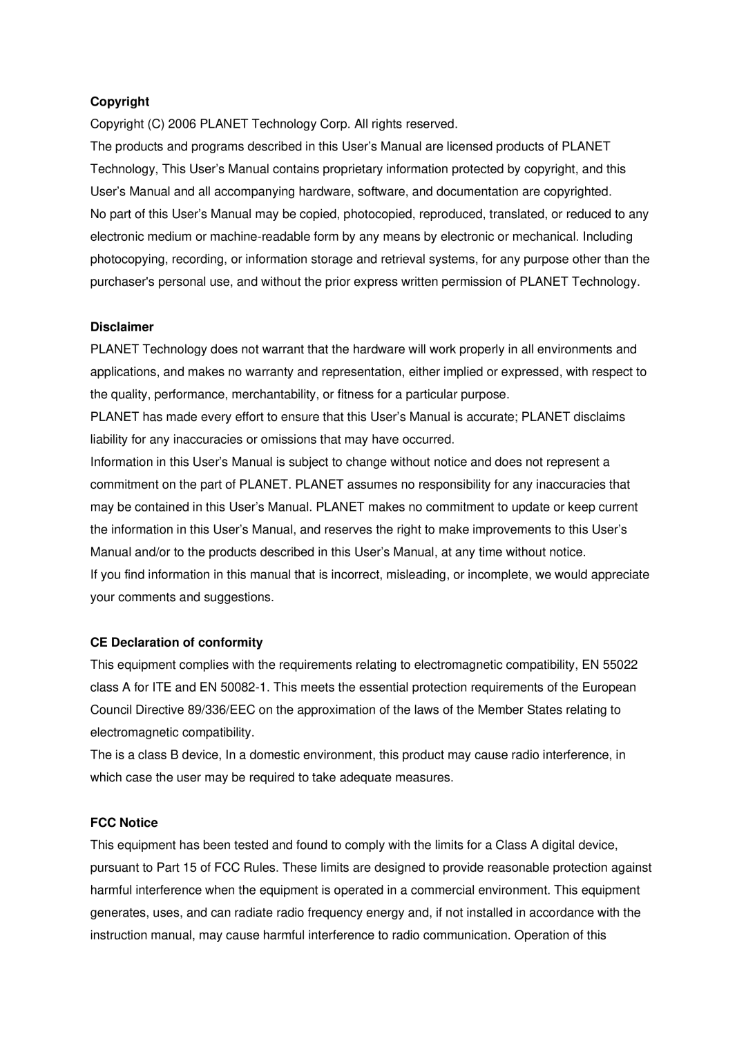 Planet Technology IPX-1800N user manual Copyright, Disclaimer, CE Declaration of conformity, FCC Notice 