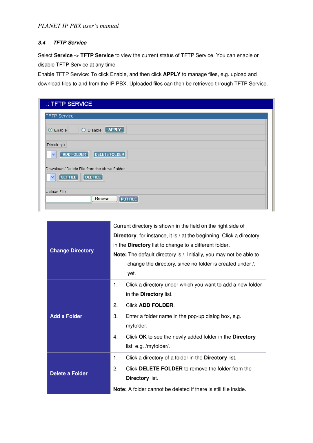 Planet Technology IPX-1800N user manual Tftp Service, Change Directory, Add a Folder, Delete a Folder 