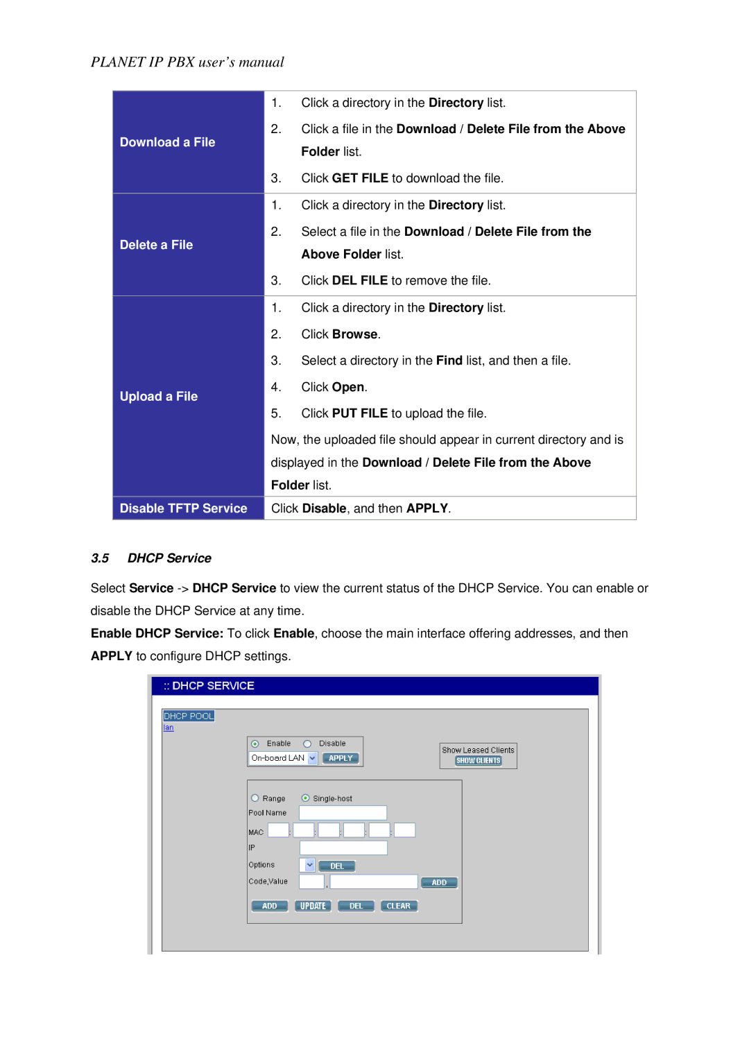 Planet Technology IPX-1800N user manual Download a File, Delete a File, Upload a File, Disable Tftp Service, Dhcp Service 